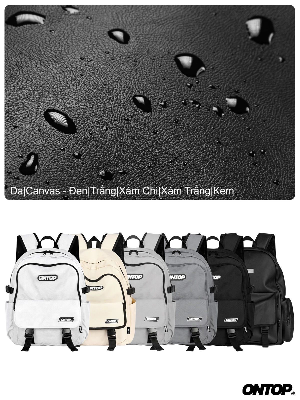 Balo đi học local brand nam nữ ONTOP đen trắng da chống nước, canvas nhiều ngăn đựng vừa laptop 14.3inch | O-P25 & O-P37