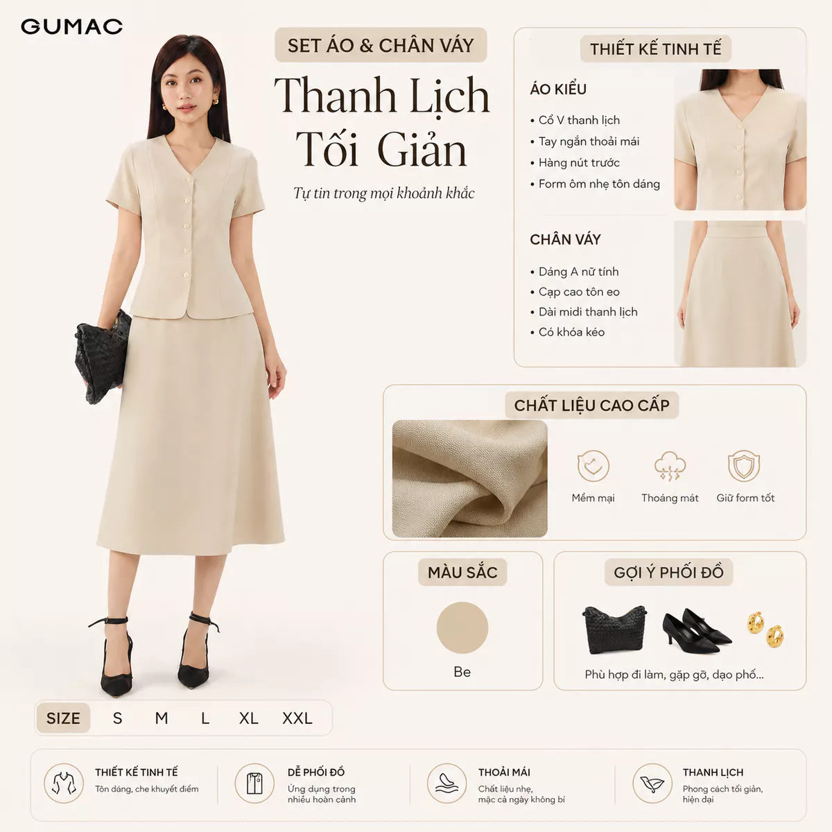 [VOUCHER 22%] Set lẻ Áo Peplum Nữ GUMAC Cổ V Tôn Dáng LAG06033 - Chân Váy Nữ GUMAC Form A Thanh Lịch Dễ Phối Đồ LVG06034