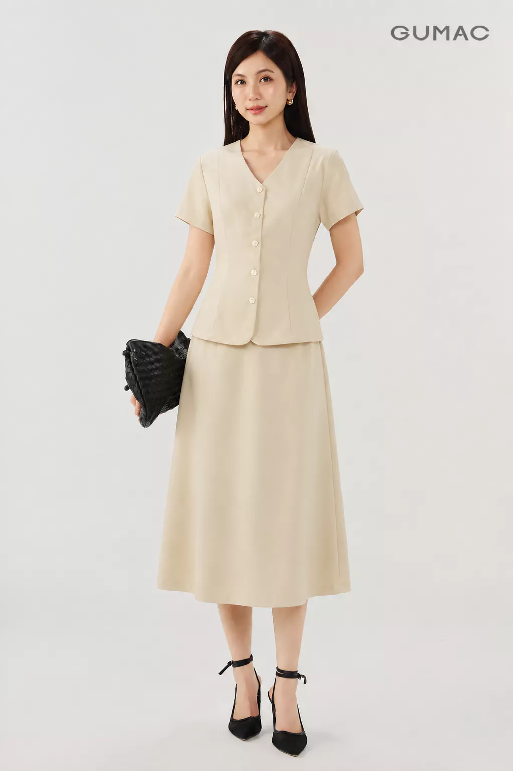 [VOUCHER 22%] Set lẻ Áo Peplum Nữ GUMAC Cổ V Tôn Dáng LAG06033 - Chân Váy Nữ GUMAC Form A Thanh Lịch Dễ Phối Đồ LVG06034