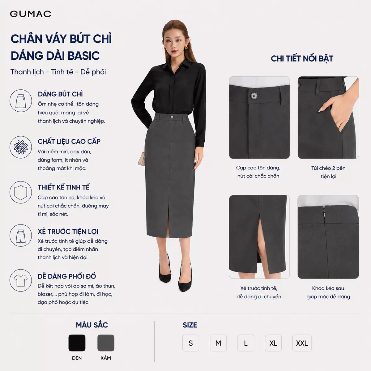 [VOUCHER 22%] Chân Váy Midi Nữ GUMAC Dáng Suông Lưng Rời Xẻ Trước Có Túi Sườn Tôn Dáng LVG07072