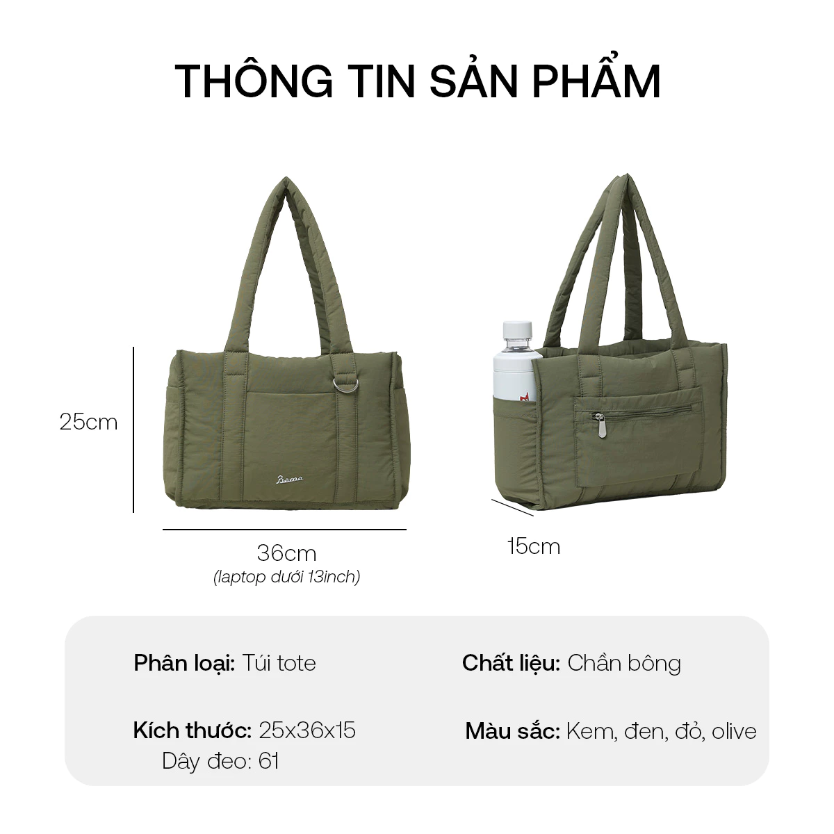 Túi Tote Chần Bông Nam Nữ BAMA Boxy Túi Đeo Vai Đi Học Đi Làm Nhiều Ngăn Đựng Laptop 13 inch