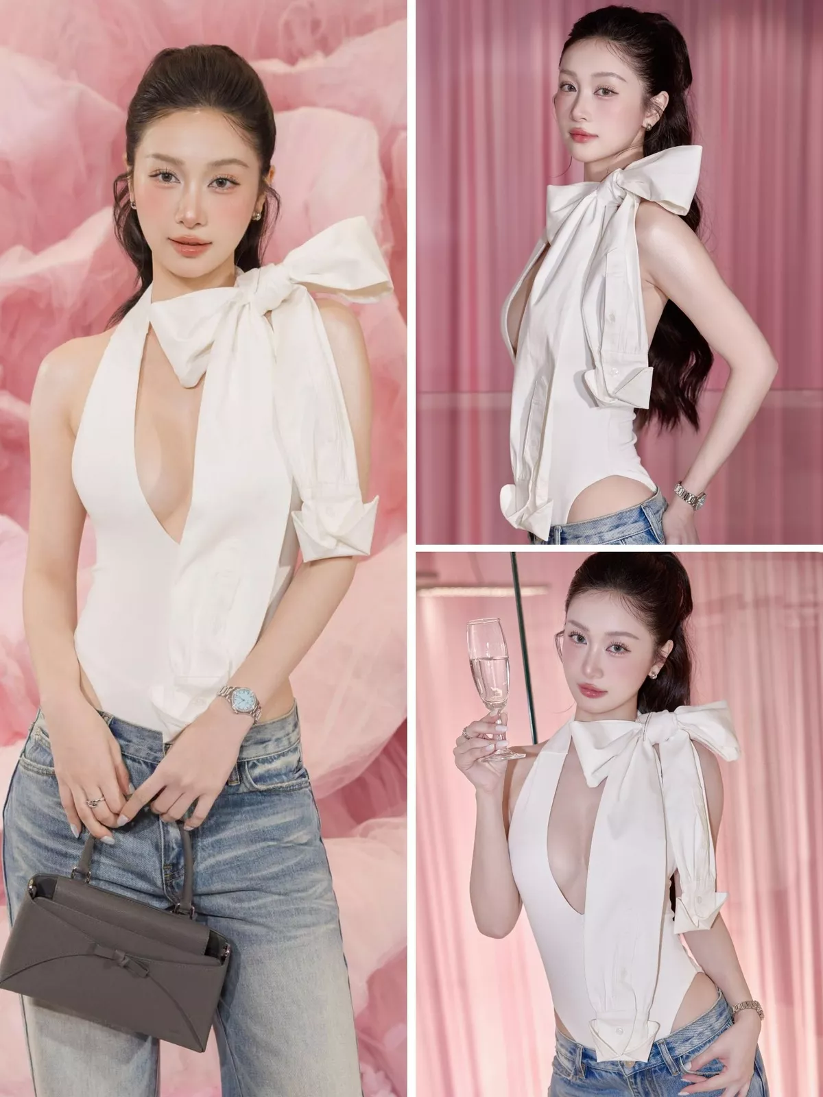 LSOUL Áo Bodysuit Cổ V Khoét Sâu Phối Nơ Maxi Cá Tính Joye Bodysuit A26052909