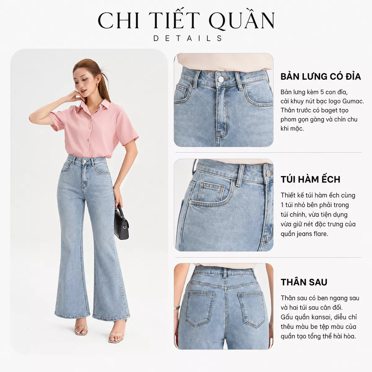 Quần Jeans Nữ GUMAC Form Ôm Ống Loe Nút Logo Gumac Túi Hàm Ếch Tôn Dáng Túi Sau Thanh Lịch LQJG07091