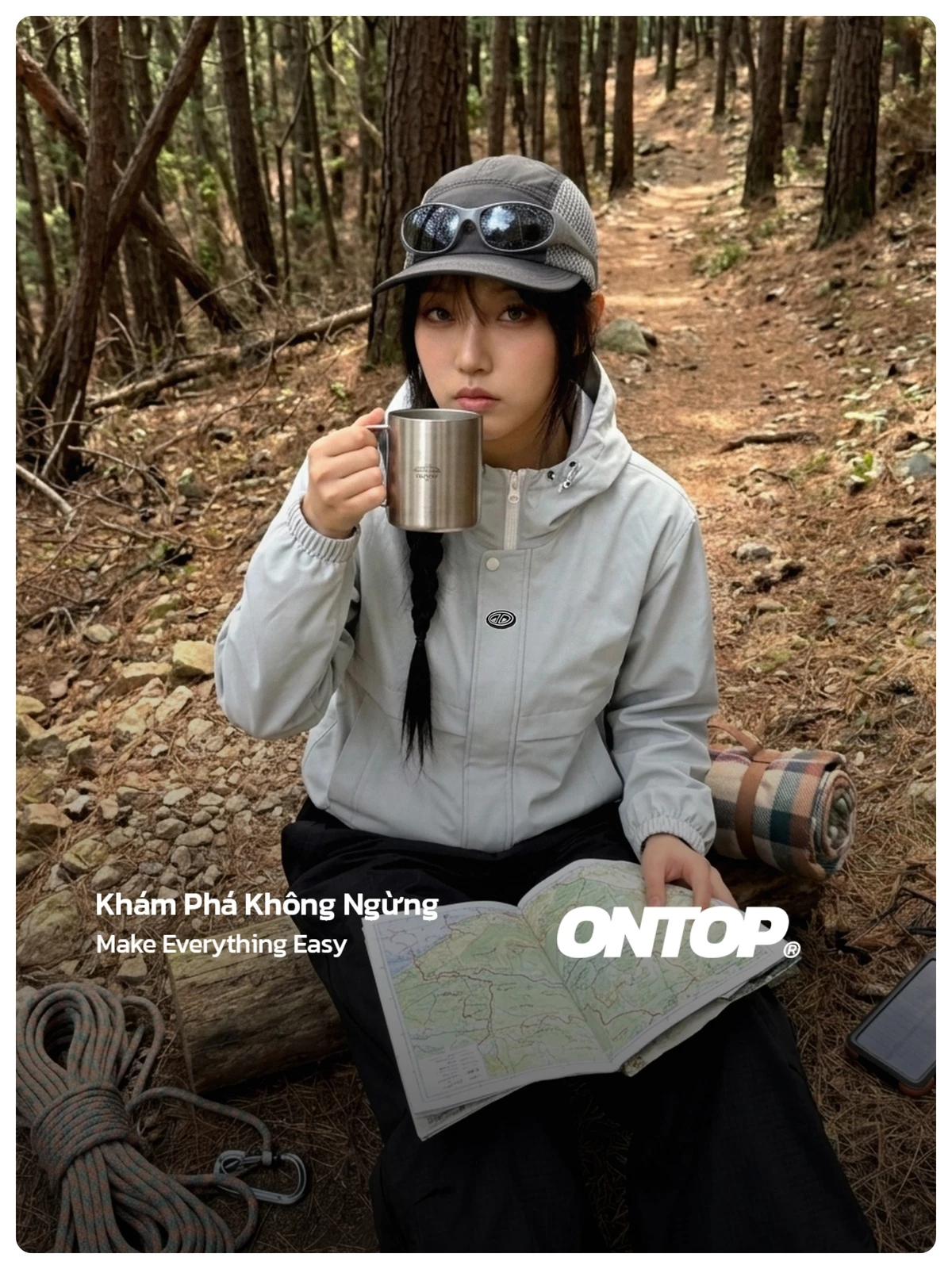 Áo khoác gió có mũ nam nữ 2 lớp ONTOP chống nắng màu đen, xám trắng Journey Jacket | O-AK7
