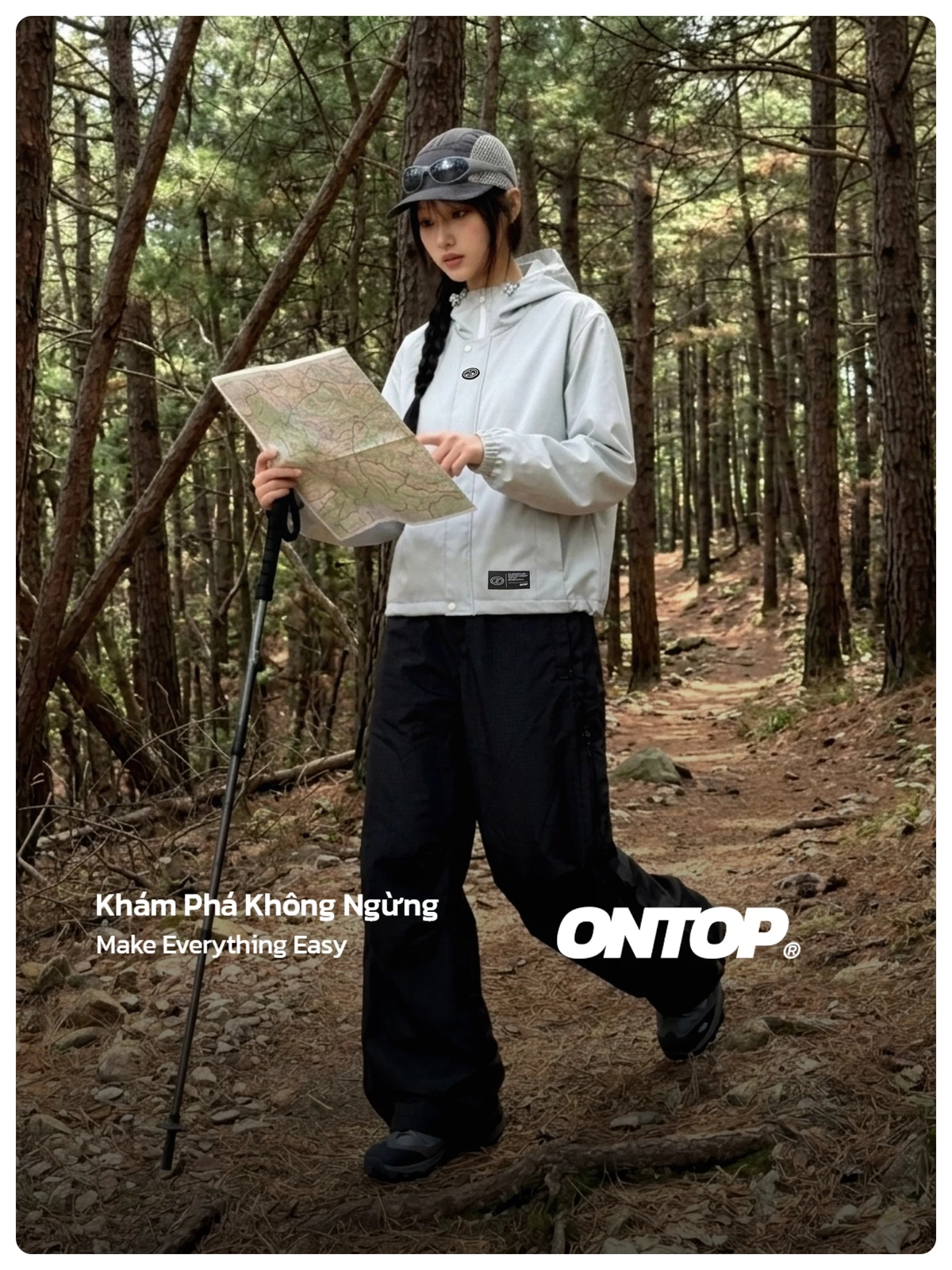 Áo khoác gió có mũ nam nữ 2 lớp ONTOP chống nắng màu đen, xám trắng Journey Jacket | O-AK7