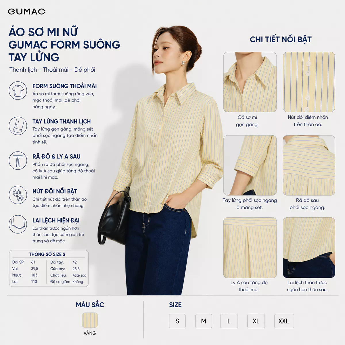 [VOUCHER 22%] Áo Sơ Mi Nữ GUMAC Form Suông Tay Lửng Đính Nút Đôi Điểm Nhấn Sang Trọng Thoải Mái Dễ Phối Đồ AG08002