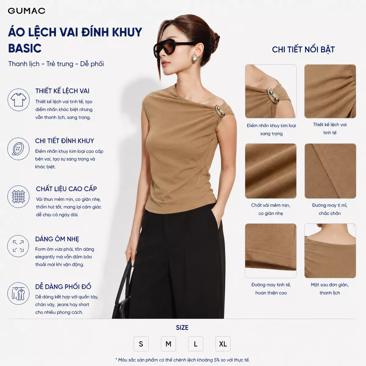 [VOUCHER 22%] Áo Thun Nữ GUMAC Form Slim Cổ Lệch Phối Khoen Kim Loại Tay Ngắn Nhún Eo Tôn Dáng Nữ Tính ATG08066