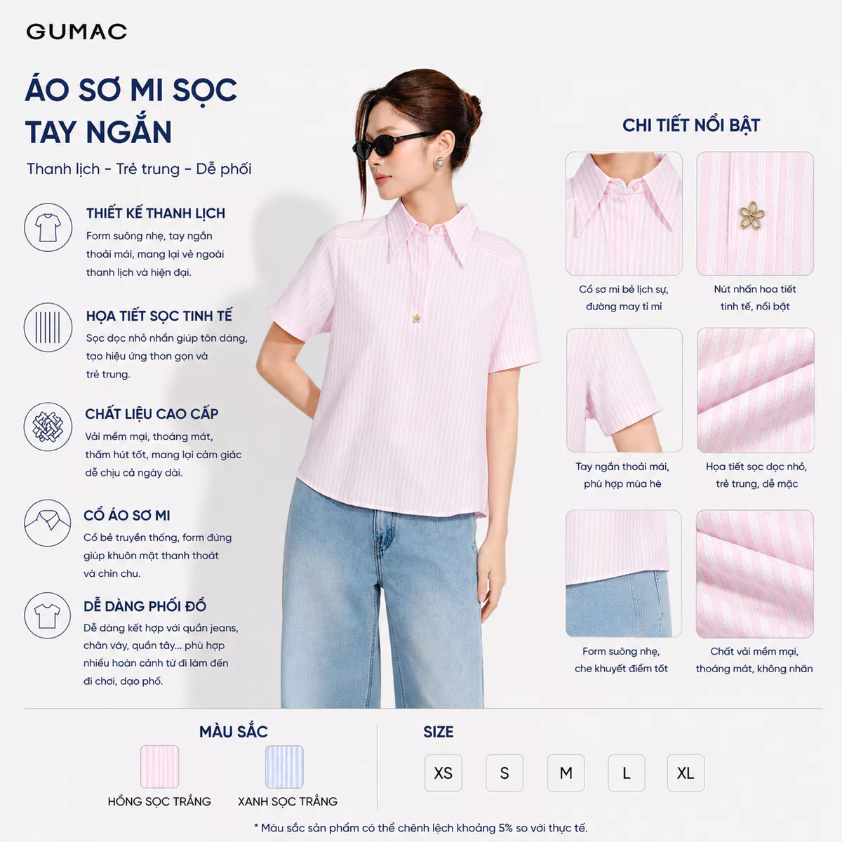 [VOUCHER 22%] Áo Sơ Mi Nữ GUMAC Form Suông Tay Ngắn Lai Bầu Đính Nút Trang Trí Hiện Đại Thanh Lịch LAG08113