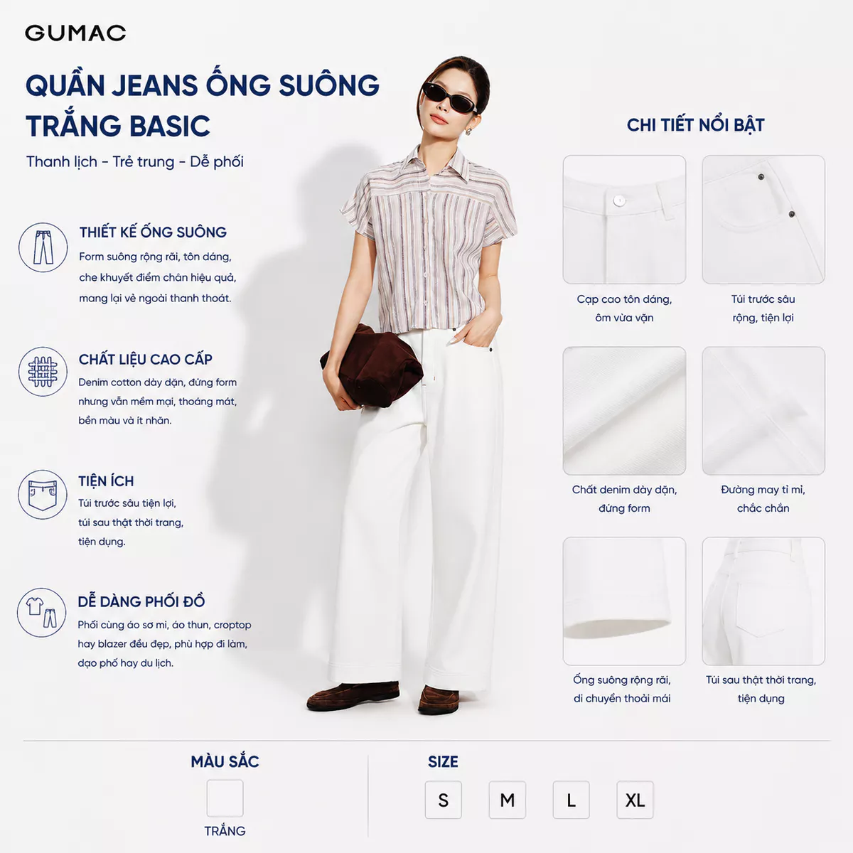 Quần Jean Nữ GUMAC Ống Suông Denim Diễu Chỉ Nổi Thanh Lịch Hiện Đại Phong Cách Hàn Quốc QJG08058