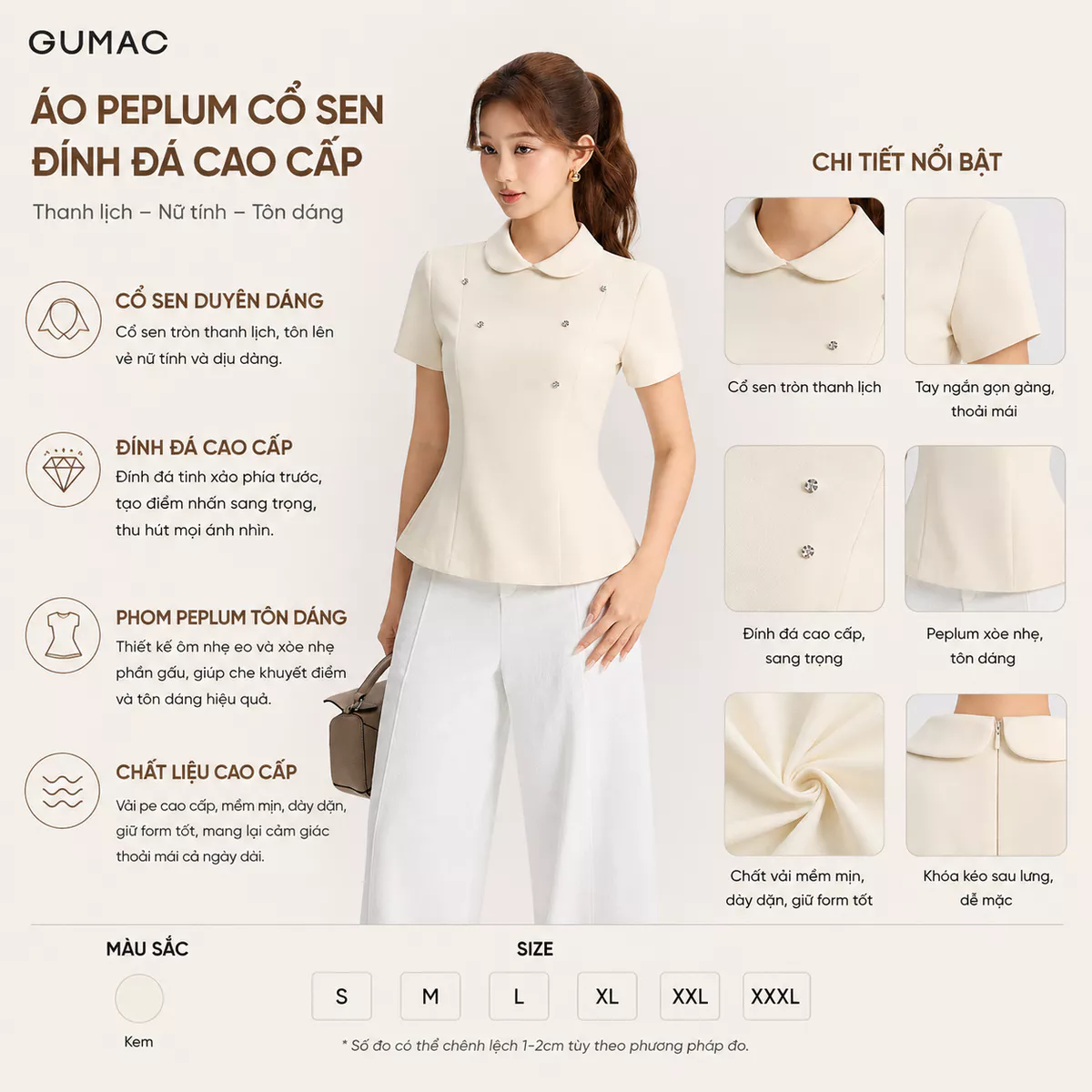 Áo Kiểu Peplum Nữ GUMAC Tay Ngắn Cổ Sen Đính Nút Kiểu Dây Kéo Thanh Lịch Công Sở LAG09083