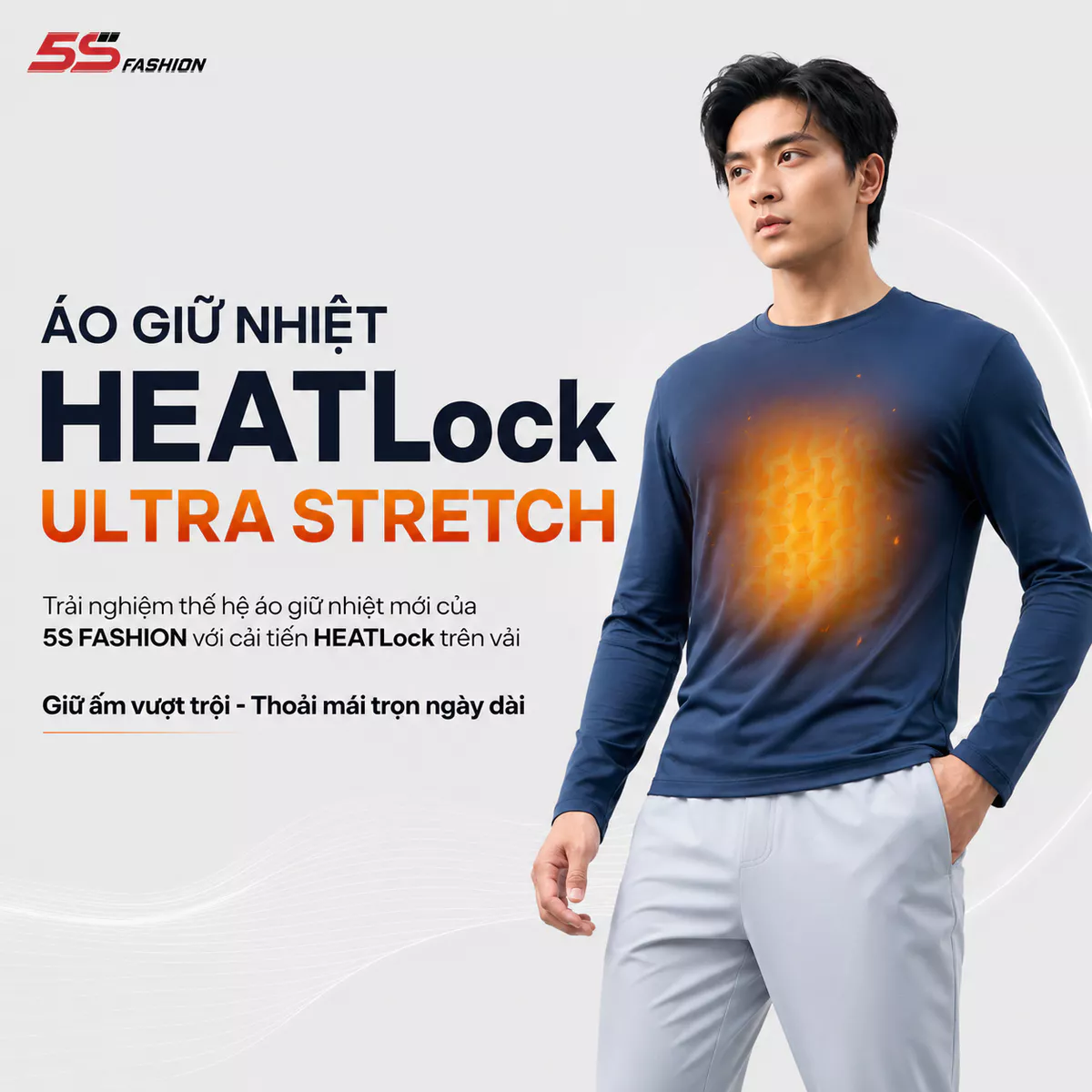 Áo Giữ Nhiệt Nam 5S FASHION HEATLock ULTRA STRETCH, Cổ Tròn, Lót Bông Nỉ Cực Ấm, Trơn Basic M0AGN25102
