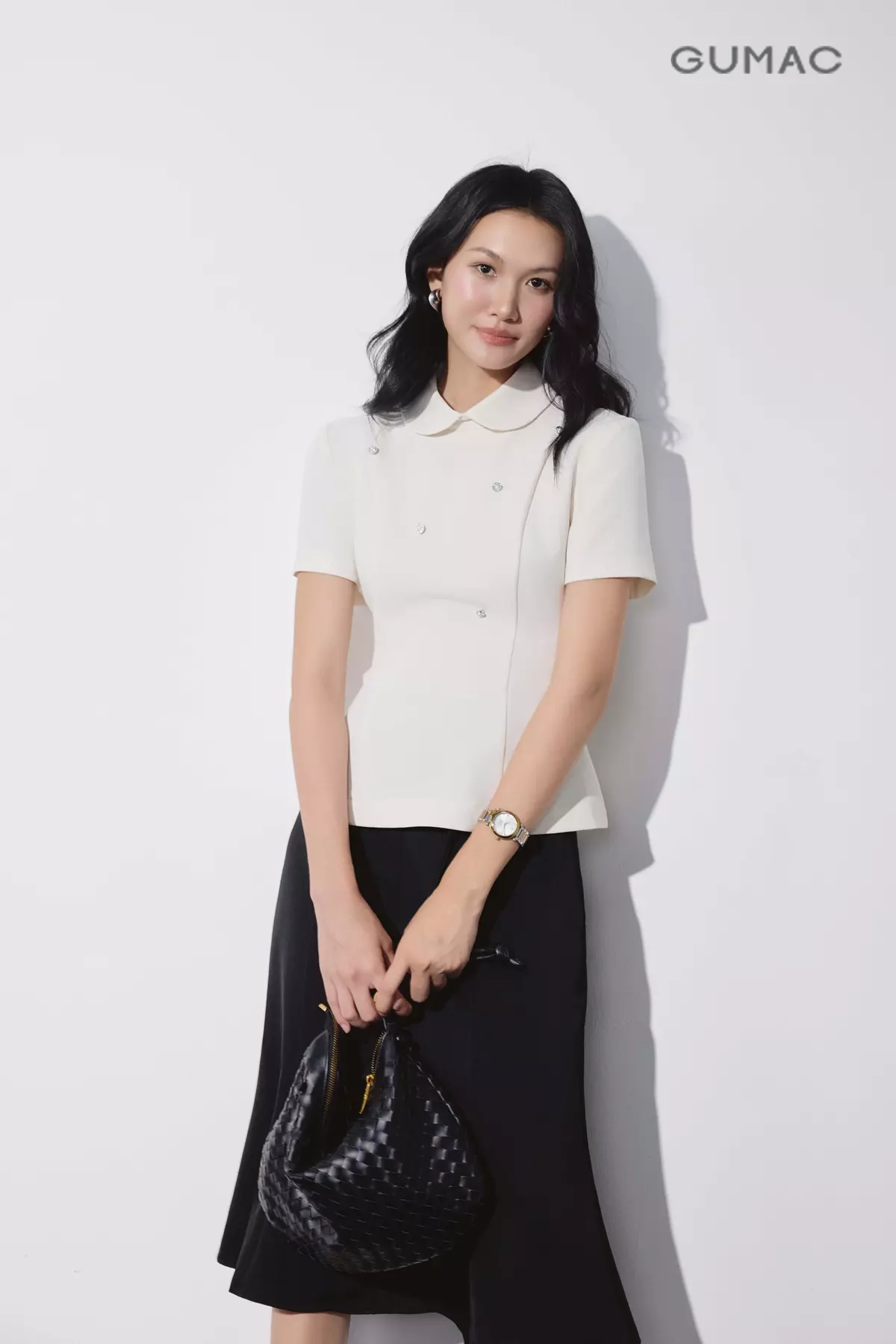 Áo Kiểu Peplum Nữ GUMAC Tay Ngắn Cổ Sen Đính Nút Kiểu Dây Kéo Thanh Lịch Công Sở LAG09083