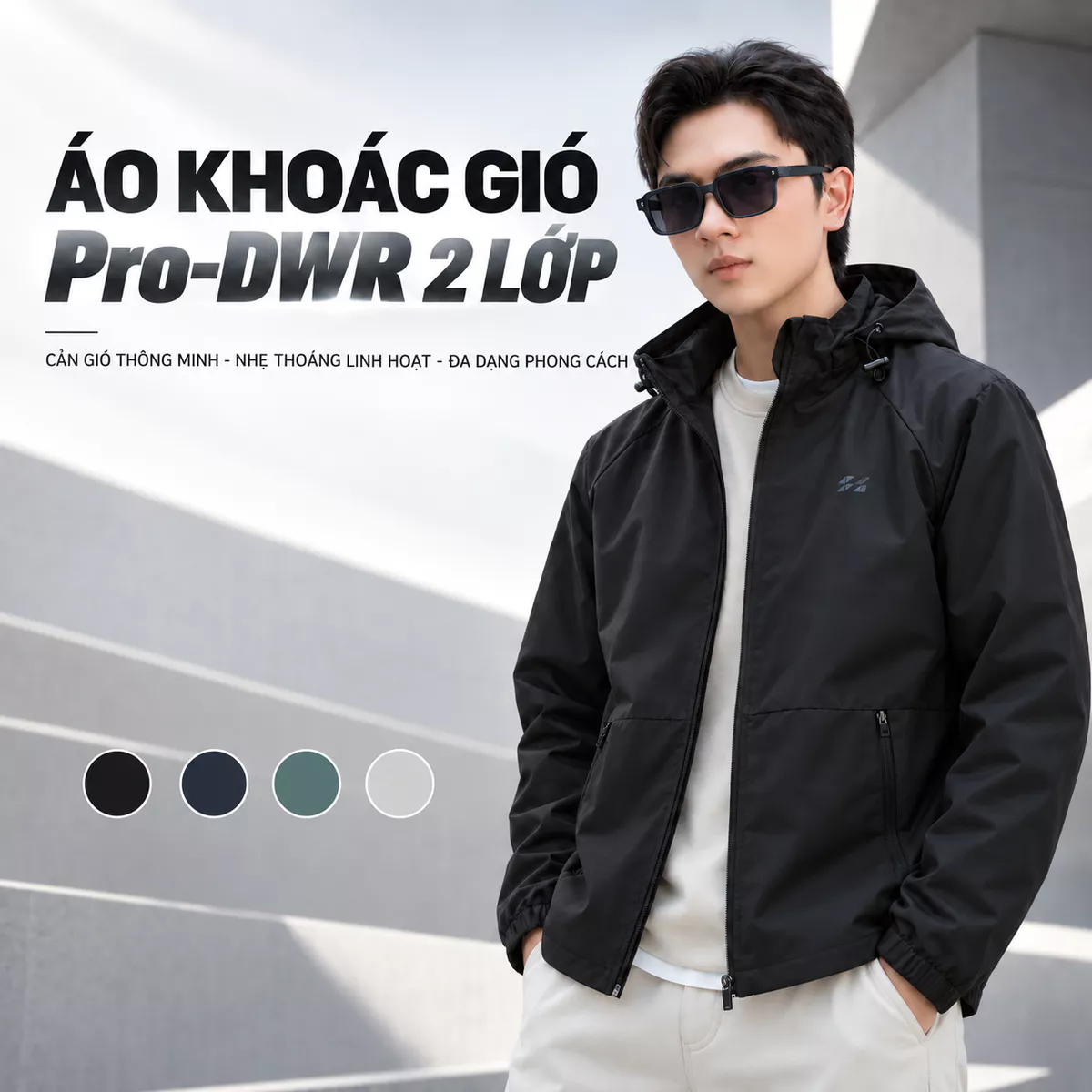 Áo Khoác Gió Nam 2 Lớp Pro-DWR 5S FASHION Có Mũ Tháo Được, Trượt Nước, Chắn Gió Giữ Ấm M0AKGR5009