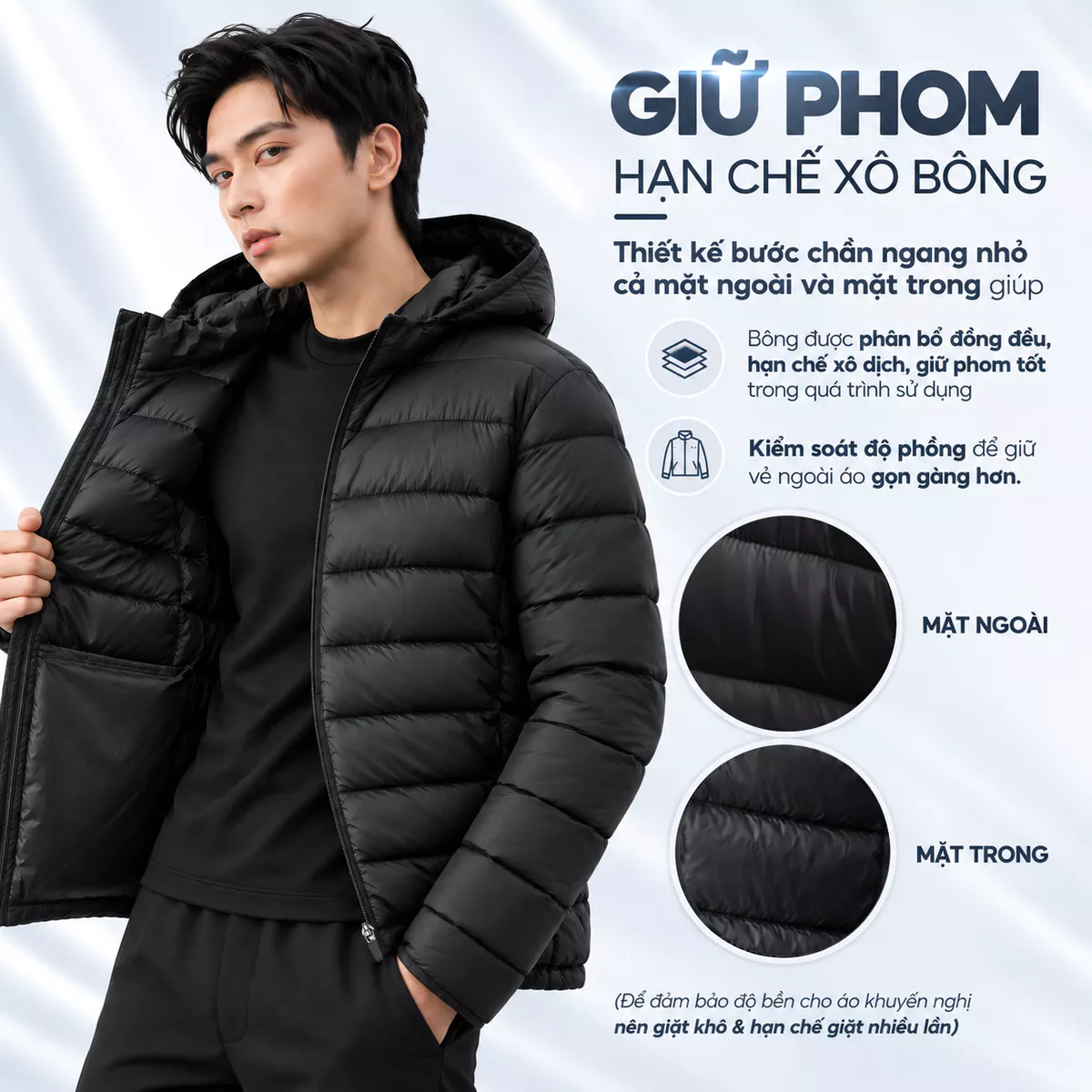 Áo Khoác Phao Nam Siêu Nhẹ LightWarm Puffer 5S FASHION Có Mũ Tháo Rời, Trơn Basic M0APH25011