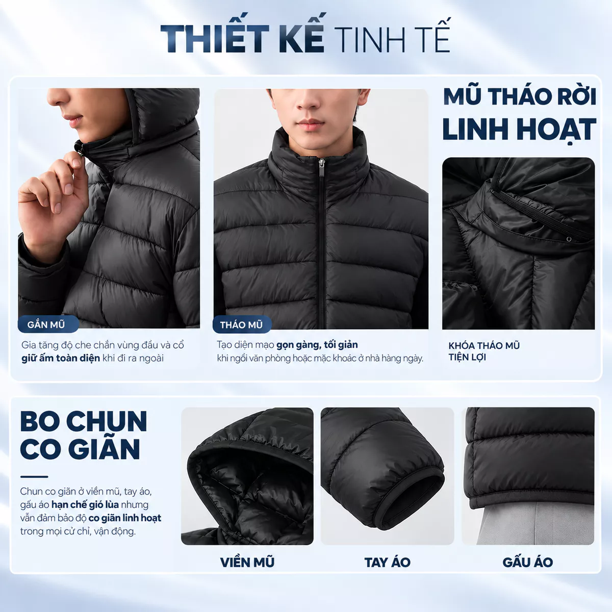 Áo Khoác Phao Nam Siêu Nhẹ LightWarm Puffer 5S FASHION Có Mũ Tháo Rời, Trơn Basic M0APH25011