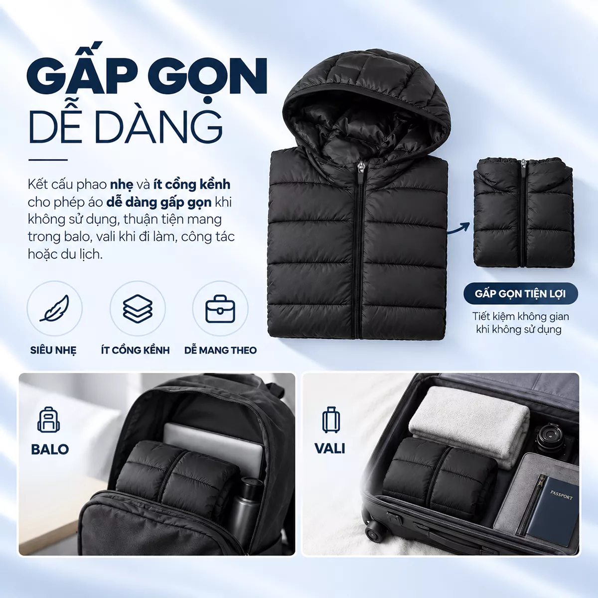 Áo Khoác Phao Nam Siêu Nhẹ LightWarm Puffer 5S FASHION Có Mũ Tháo Rời, Trơn Basic M0APH25011