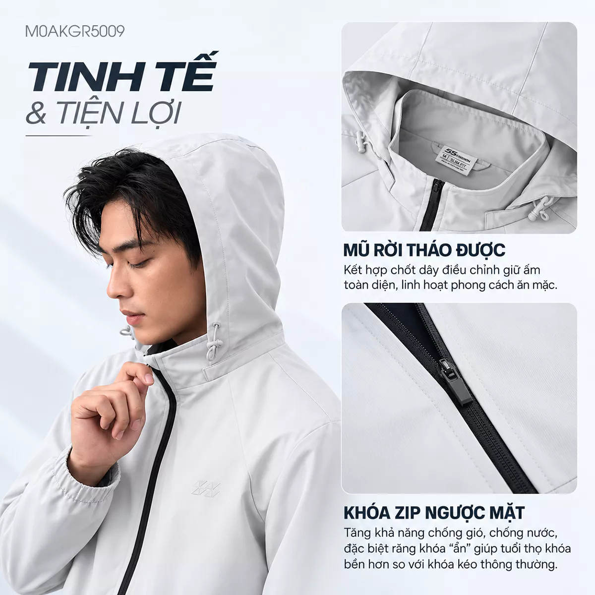 Áo Khoác Gió Nam 2 Lớp Pro-DWR 5S FASHION Có Mũ Tháo Được, Trượt Nước, Chắn Gió Giữ Ấm M0AKGR5009