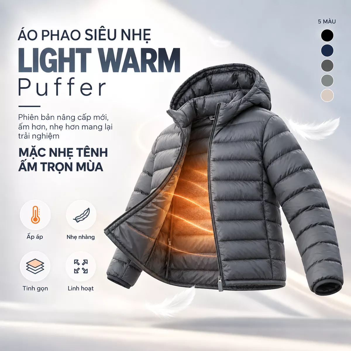 Áo Khoác Phao Nam Siêu Nhẹ LightWarm Puffer 5S FASHION Có Mũ Tháo Rời, Trơn Basic M0APH25011