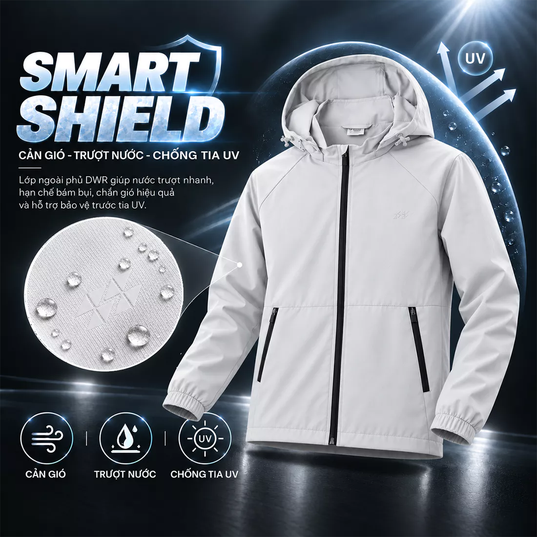 Áo Khoác Gió Nam 2 Lớp Pro-DWR 5S FASHION Có Mũ Tháo Được, Trượt Nước, Chắn Gió Giữ Ấm M0AKGR5009