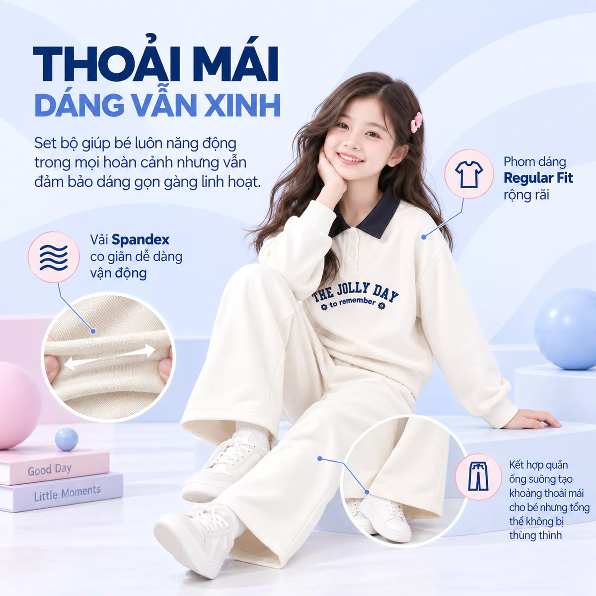Bộ Quần Áo Bé Gái 5S FASHION LITTLE JOY Cổ Polo, Chất Vải Mềm Ấm, Quần Suông Xinh Xắn GBNI26043