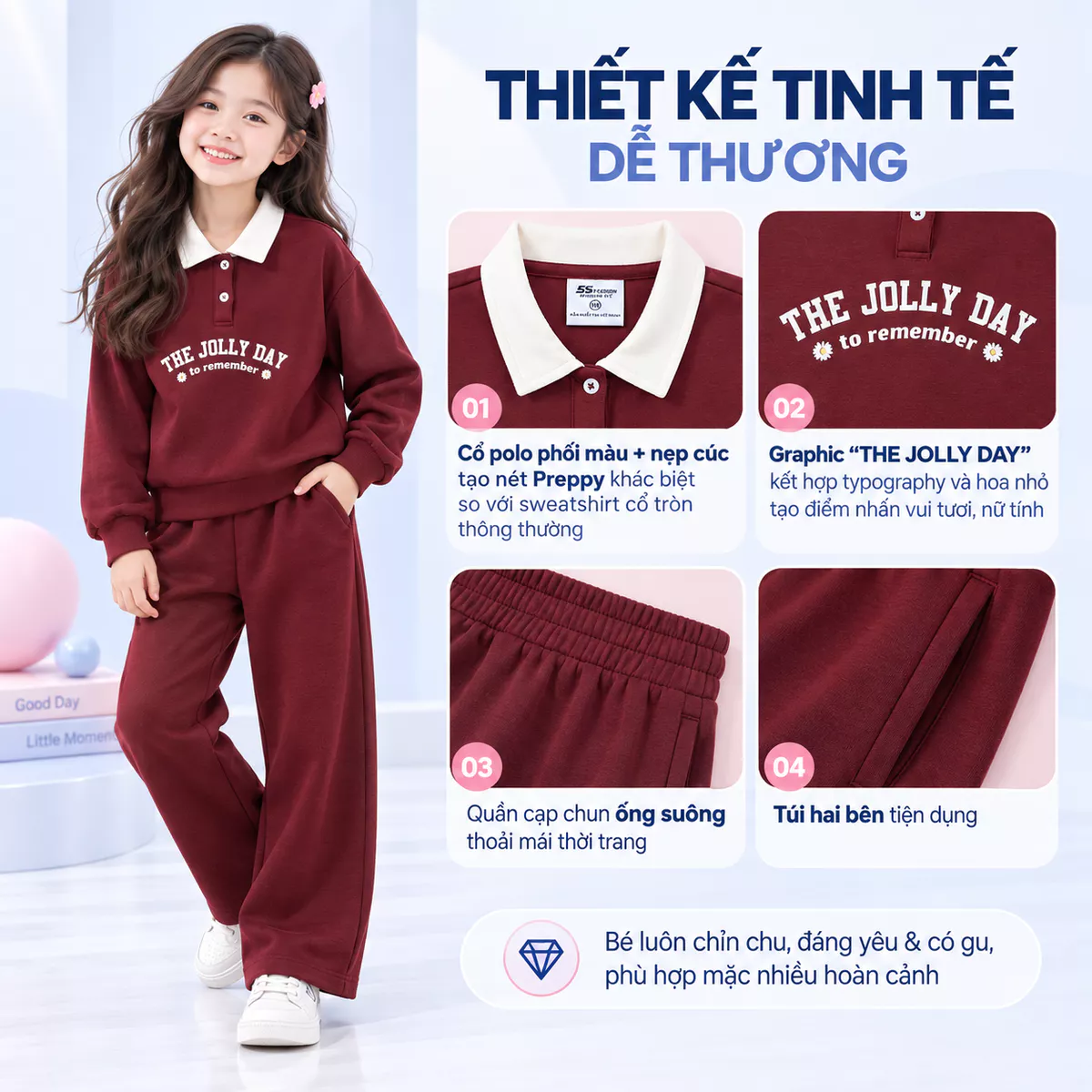 Bộ Quần Áo Bé Gái 5S FASHION LITTLE JOY Cổ Polo, Chất Vải Mềm Ấm, Quần Suông Xinh Xắn GBNI26043