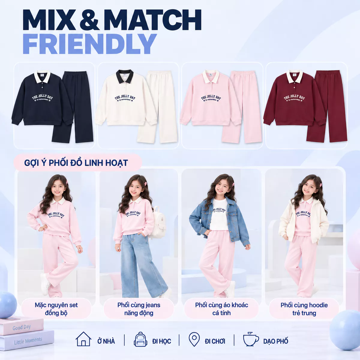 Bộ Quần Áo Bé Gái 5S FASHION LITTLE JOY Cổ Polo, Chất Vải Mềm Ấm, Quần Suông Xinh Xắn GBNI26043