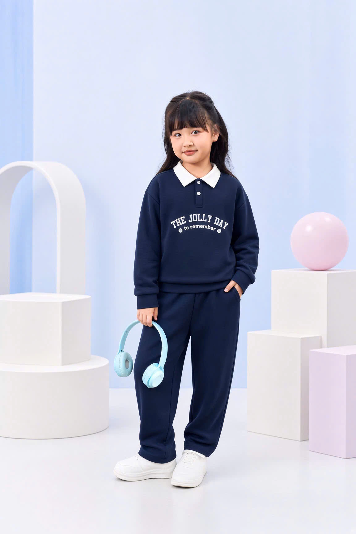 Bộ Quần Áo Bé Gái 5S FASHION LITTLE JOY Cổ Polo, Chất Vải Mềm Ấm, Quần Suông Xinh Xắn GBNI26043