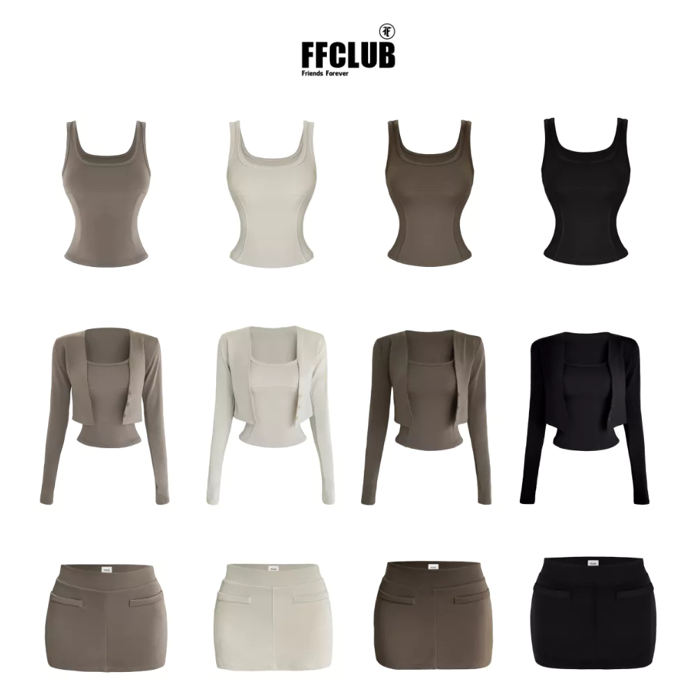 [XÃ KHO] SET TANKTOP 2 DÂY CỔ VUÔNG THUN POLY KAITY PHỐI GÂN KÈM VÁY FFCLUB