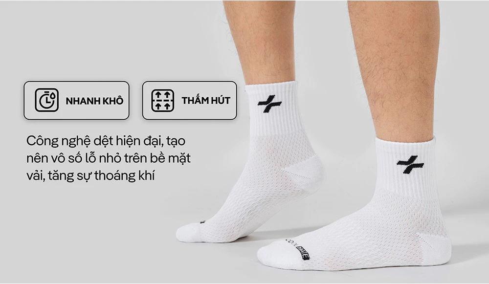 Combo 2 Tất thể thao tập Gym, Pickleball Cổ Trung thấm hút, nhanh khô, chống trượt Coolmate