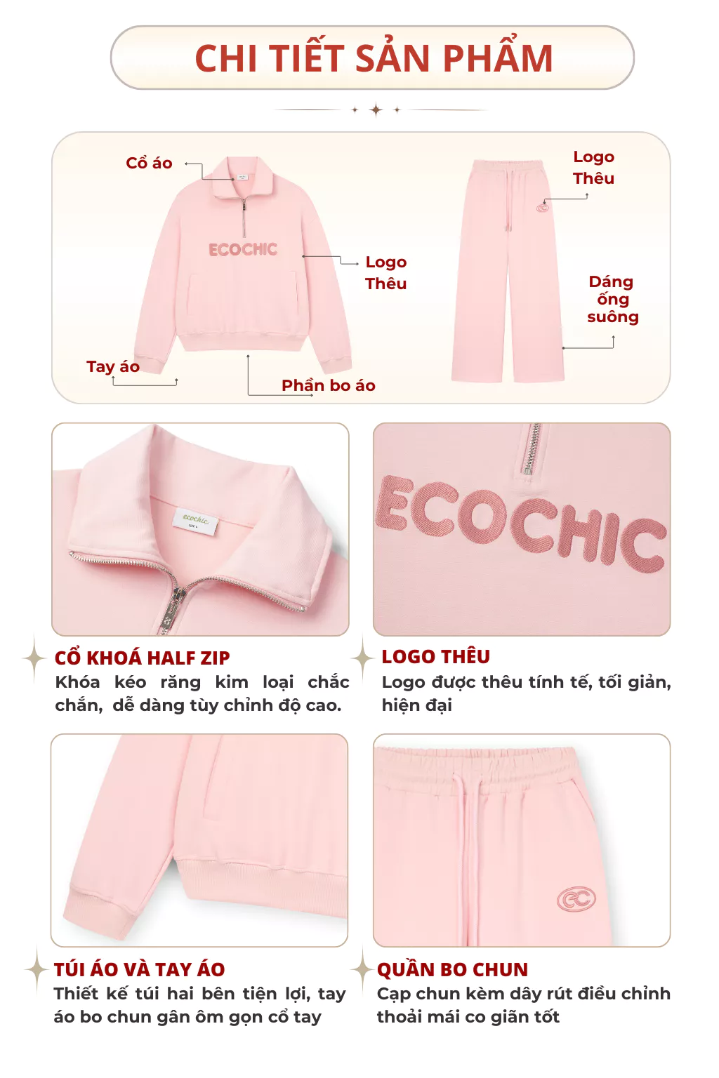 Set Bộ ECOCHIC COSMO SET Áo Cổ Halfzip Logo Thêu Chất Liệu Vải Sợi Xaomi Cao Cấp Chính Hãng B183