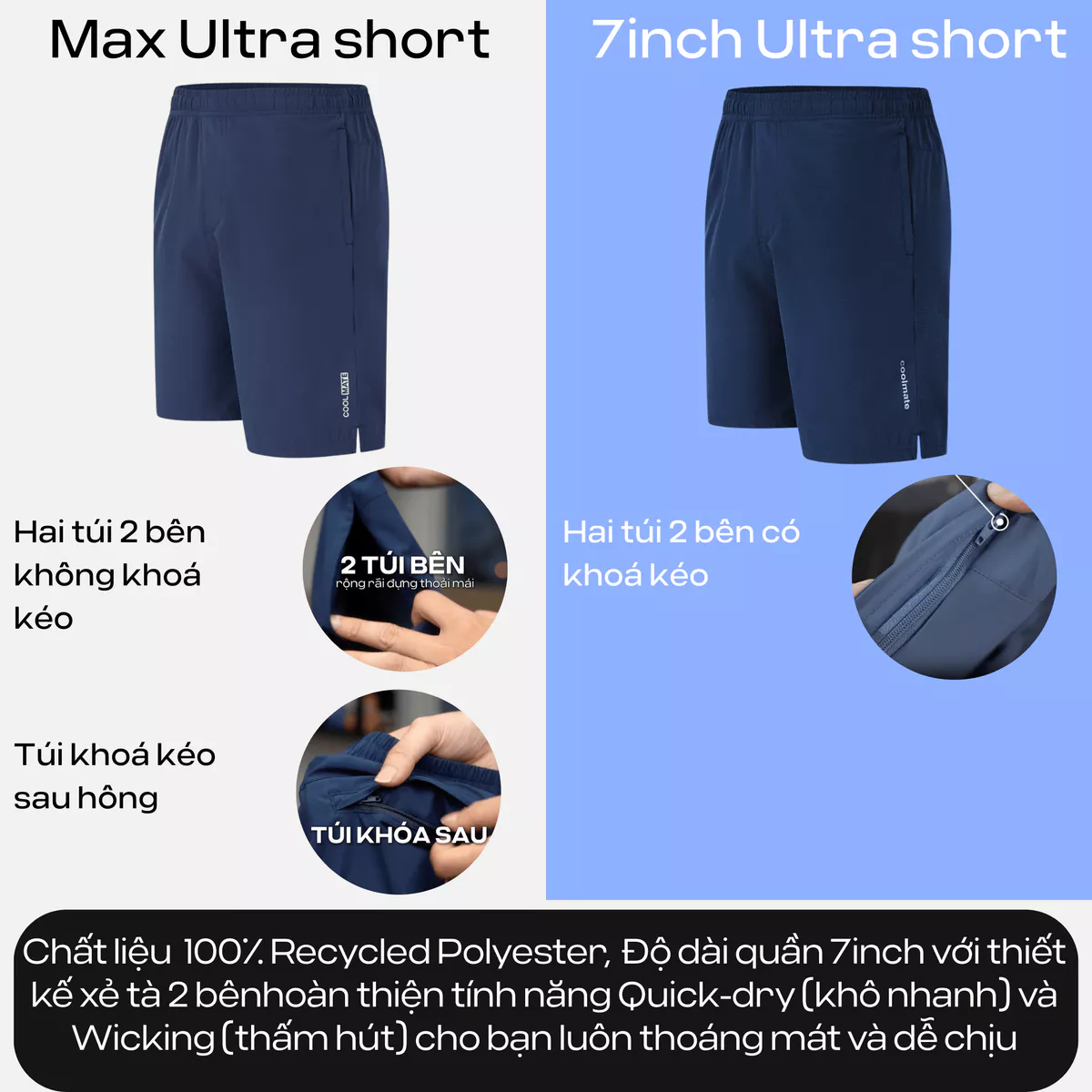 Combo 2 quần đùi thể thao nam Short 7inch thoáng khí nhanh khô đa năng Coolmate