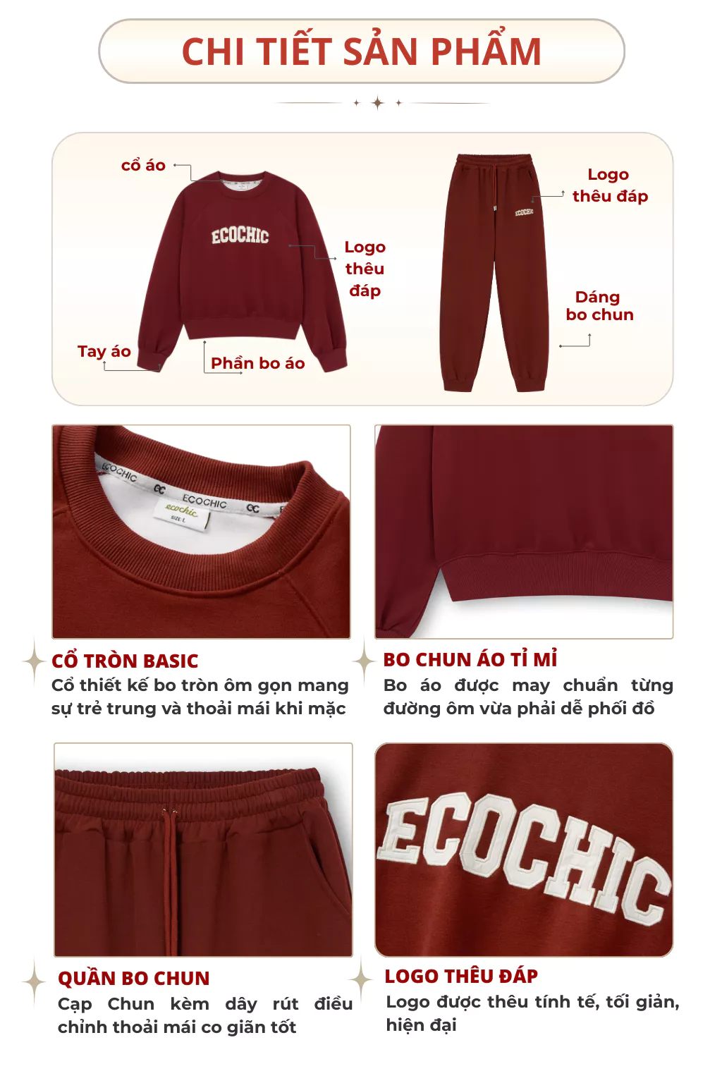 Set Bộ ECOCHIC CRIMSON WINTER Áo Sweater Quần Jogger Bo Gấu Chất Liệu Nỉ Hai Da Cao Cấp B187