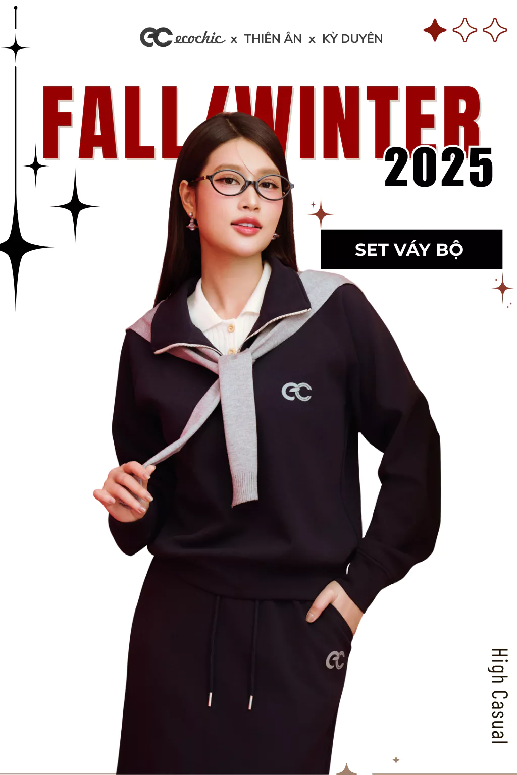 Set Bộ Váy Dài ECOCHIC Áo Crop Cổ Cao Halfzip Logo Phối Chân Váy Dài Dây Rút Chất Liệu Cao Cấp Chính Hãng B194