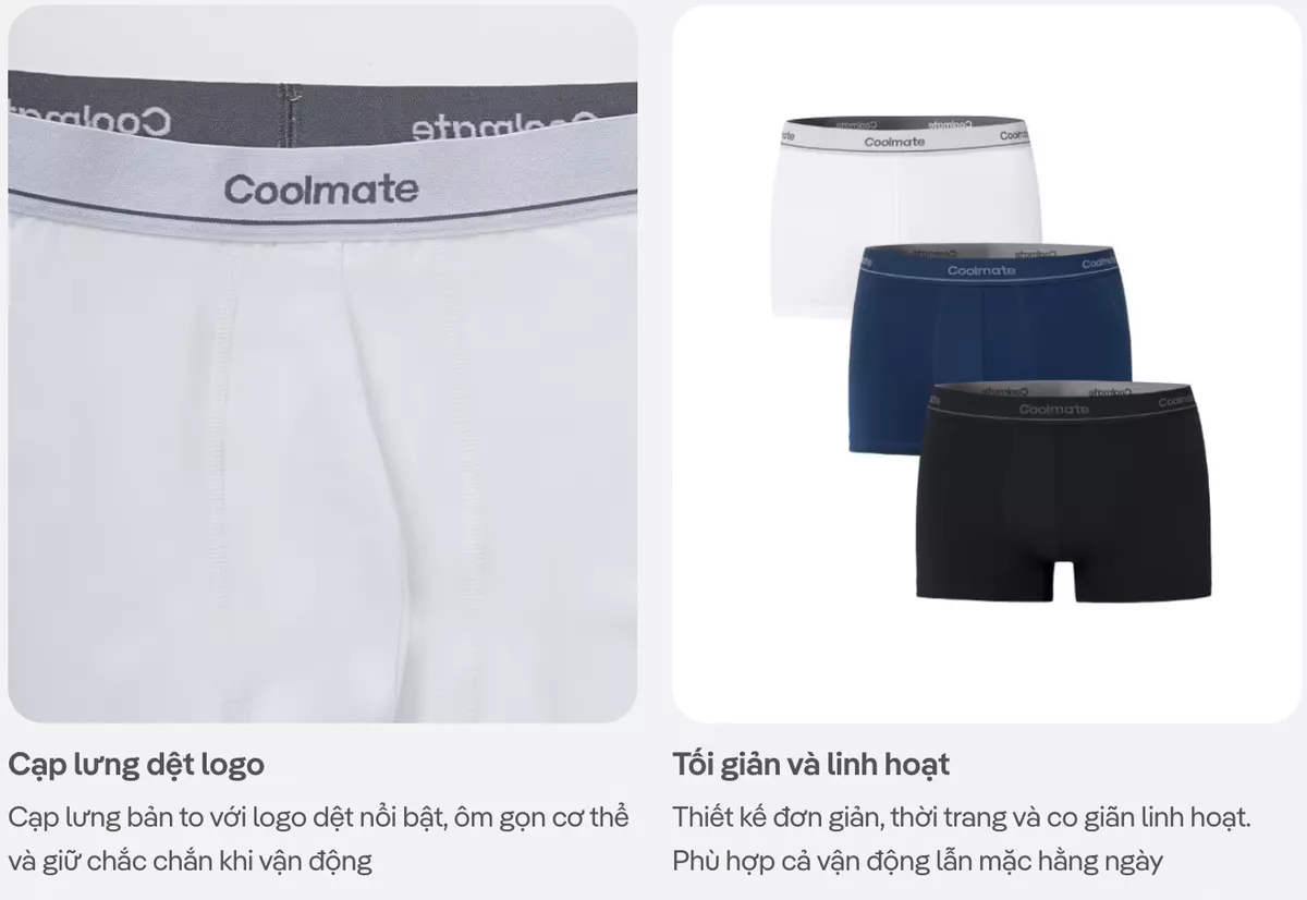 [MUA 3 TẶNG 1 QUẦN LÓT BẤT KÌ]Combo 3 Quần Lót Trunk Cotton Stretch vải mềm mịn, thoáng khi cạp dệt logo Coolmate