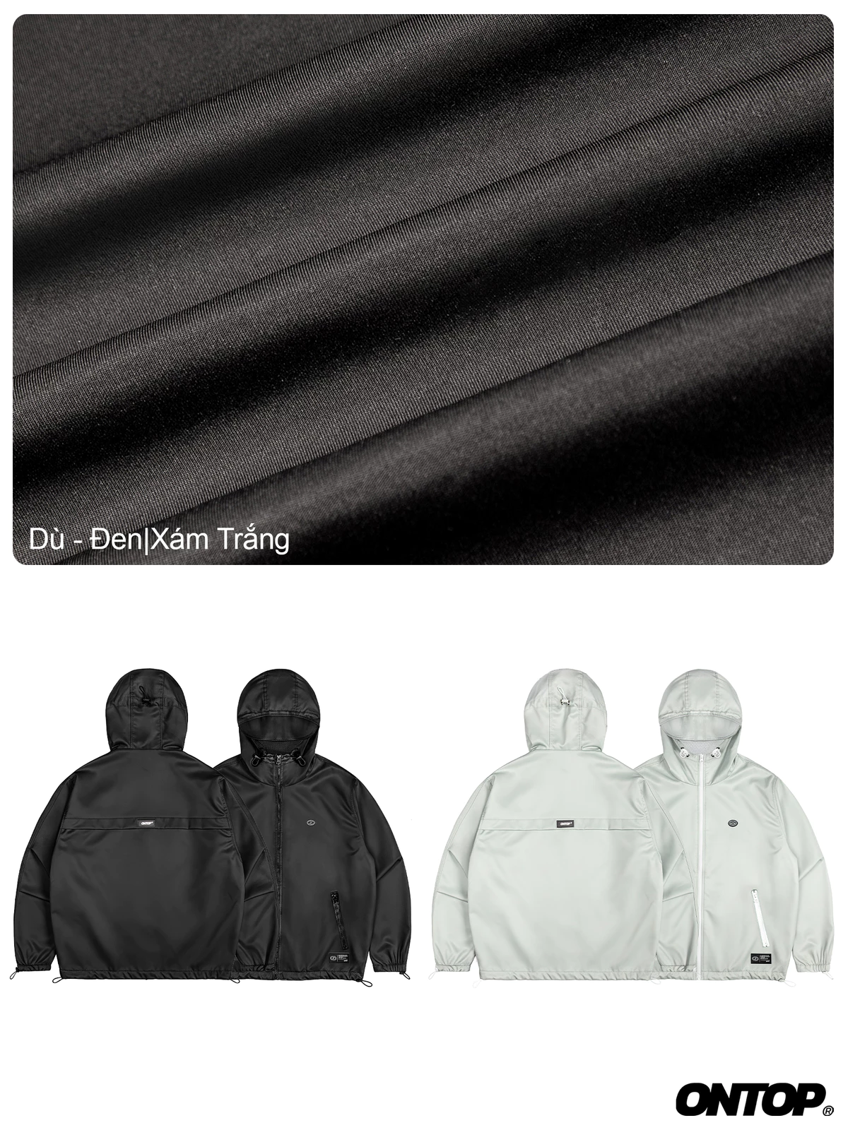 Áo khoác dù nam có mũ 2 lớp ONTOP chống nước cản gió có túi trong màu đen, xám | O-AK3