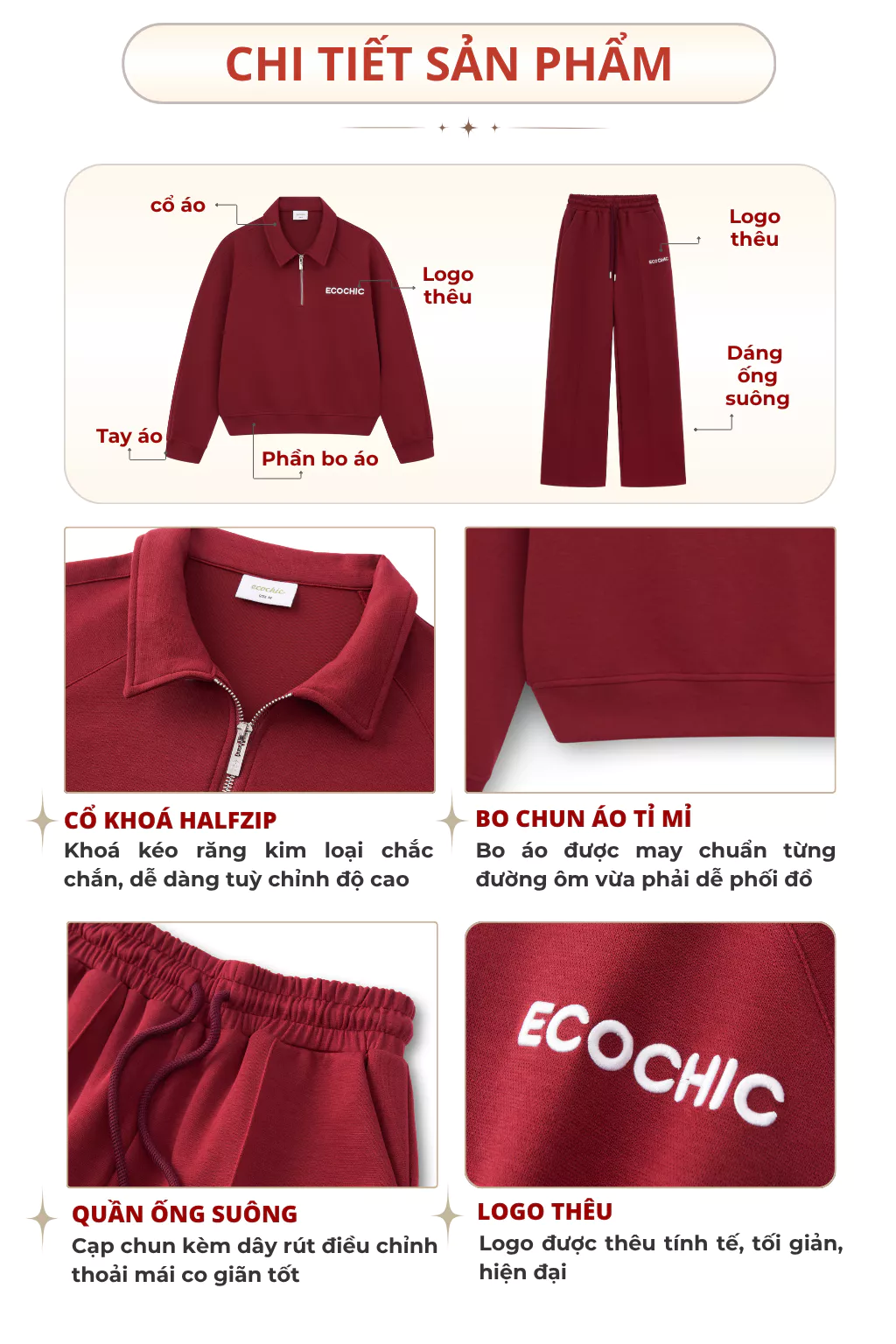[LINK SALE]Set Bộ Dài ECOCHIC B191 Áo Crop Halfzip Quần Suông Dây Rút Cạp Cao Chất Liệu Vải Sợi Xaomi Cao Cấp Chính Hãng