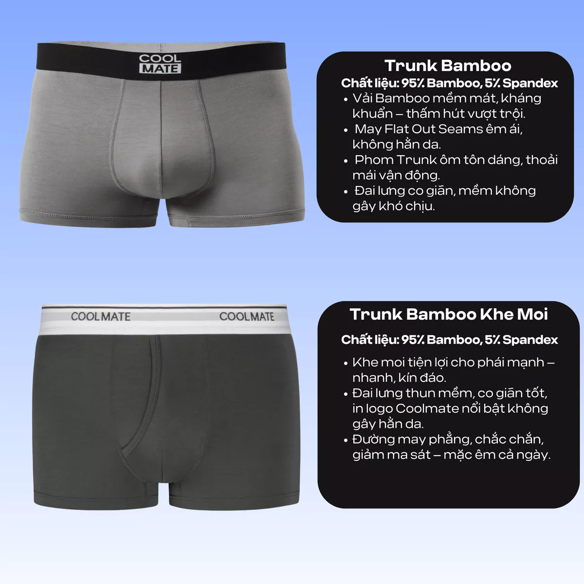 Combo 3 quần lót nam dáng Trunk Bamboo mềm mại, kháng khuẩn, thấm hút tốt Coolmate