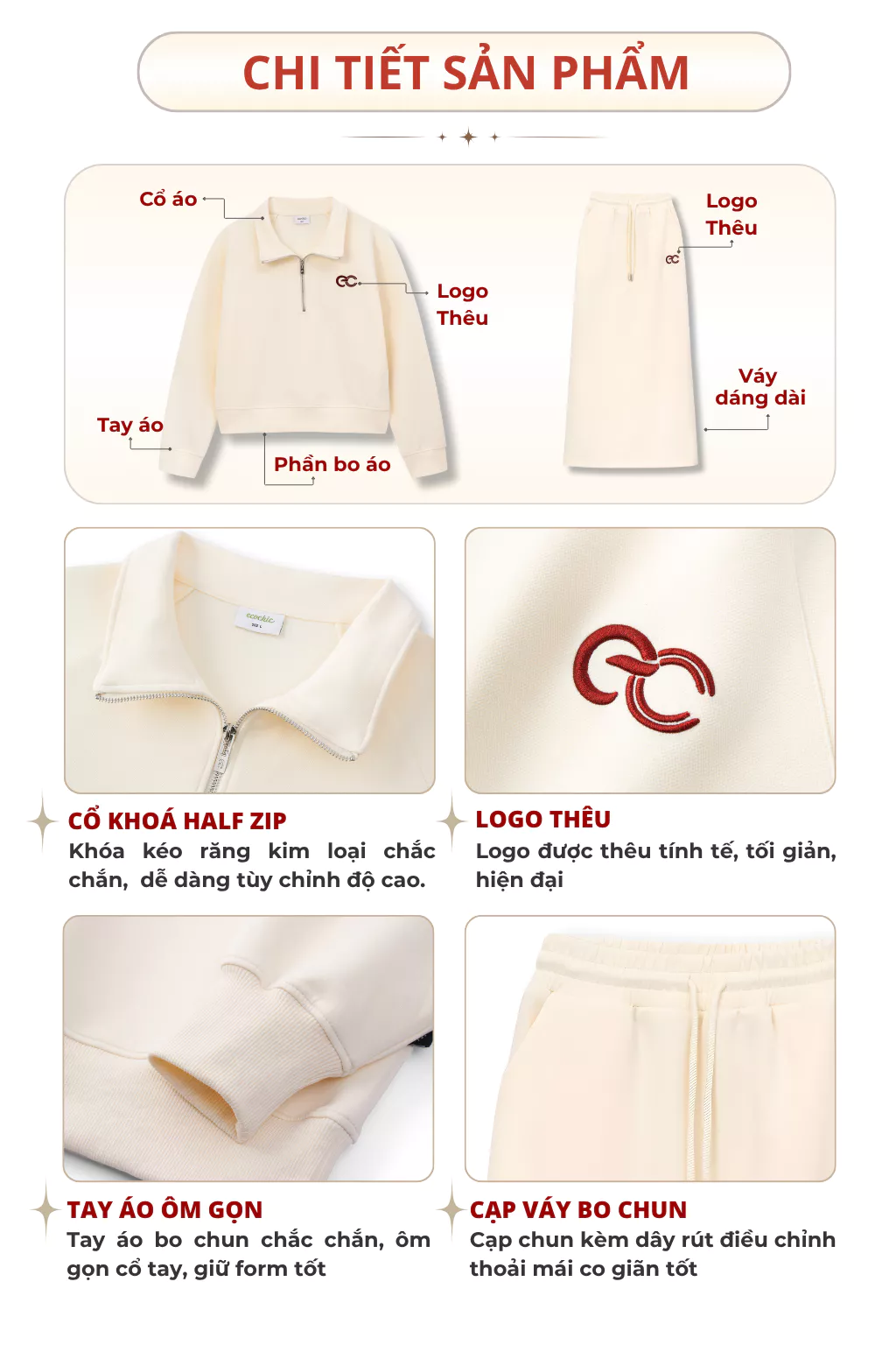 Set Bộ Váy Dài ECOCHIC Áo Crop Cổ Cao Halfzip Logo Phối Chân Váy Dài Dây Rút Chất Liệu Cao Cấp Chính Hãng B194