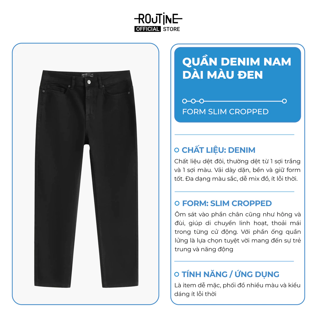 Quần Jeans Nam Đen Trơn Form Slim Cropped - Routine 10S25DPA108C