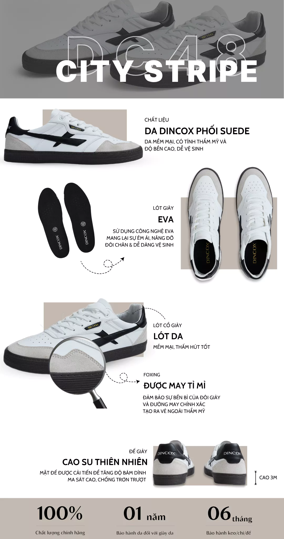 Giày Sneaker Nam Nữ DC48 CITY STRIPE Dincox Shoes Đế Bằng - Da phối Suede Cao Cấp