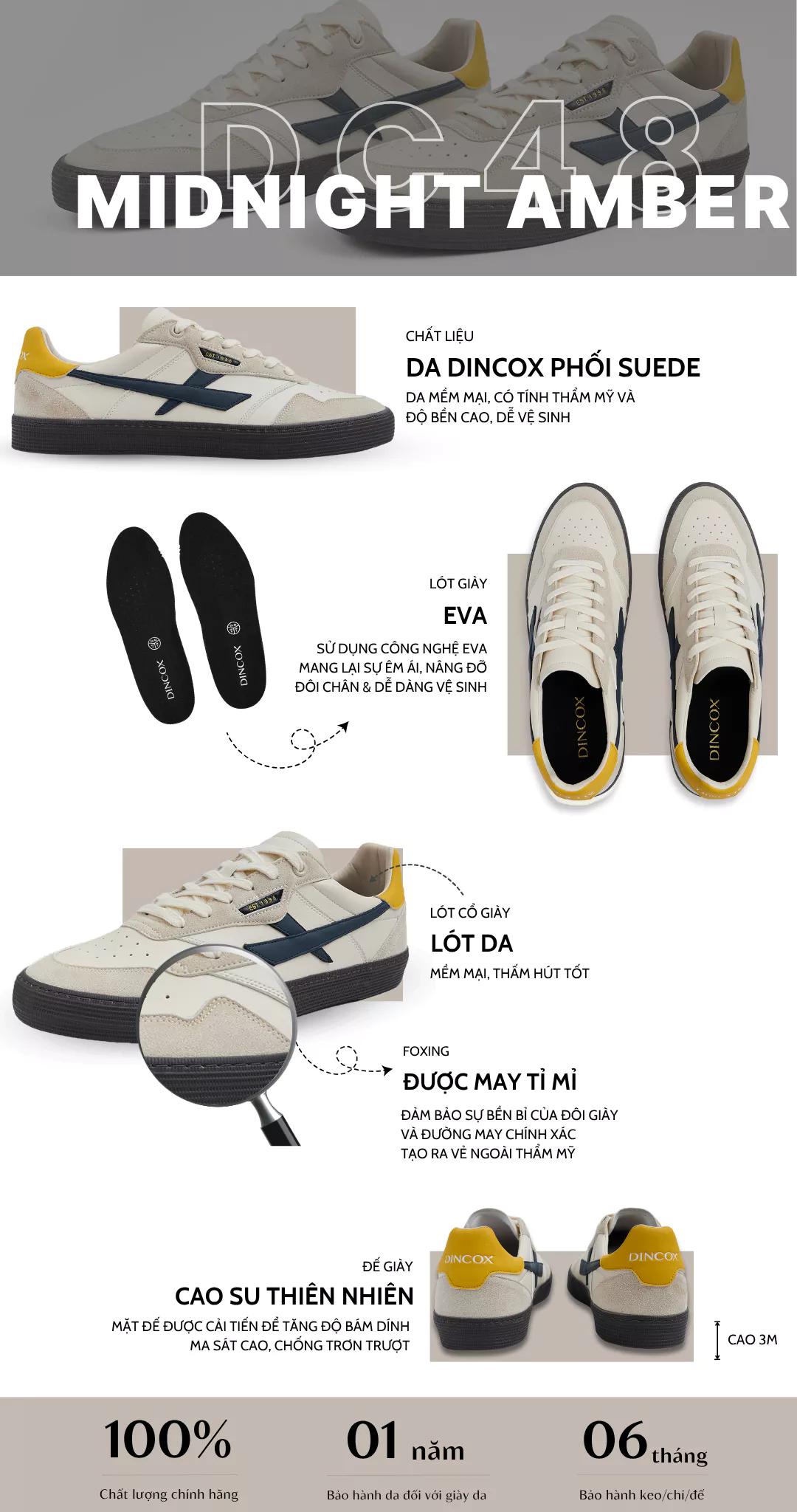 Giày Sneaker Nam Nữ DC48 MIDNIGHT AMBER Dincox Shoes Đế Bằng - Da phối Suede Cao Cấp