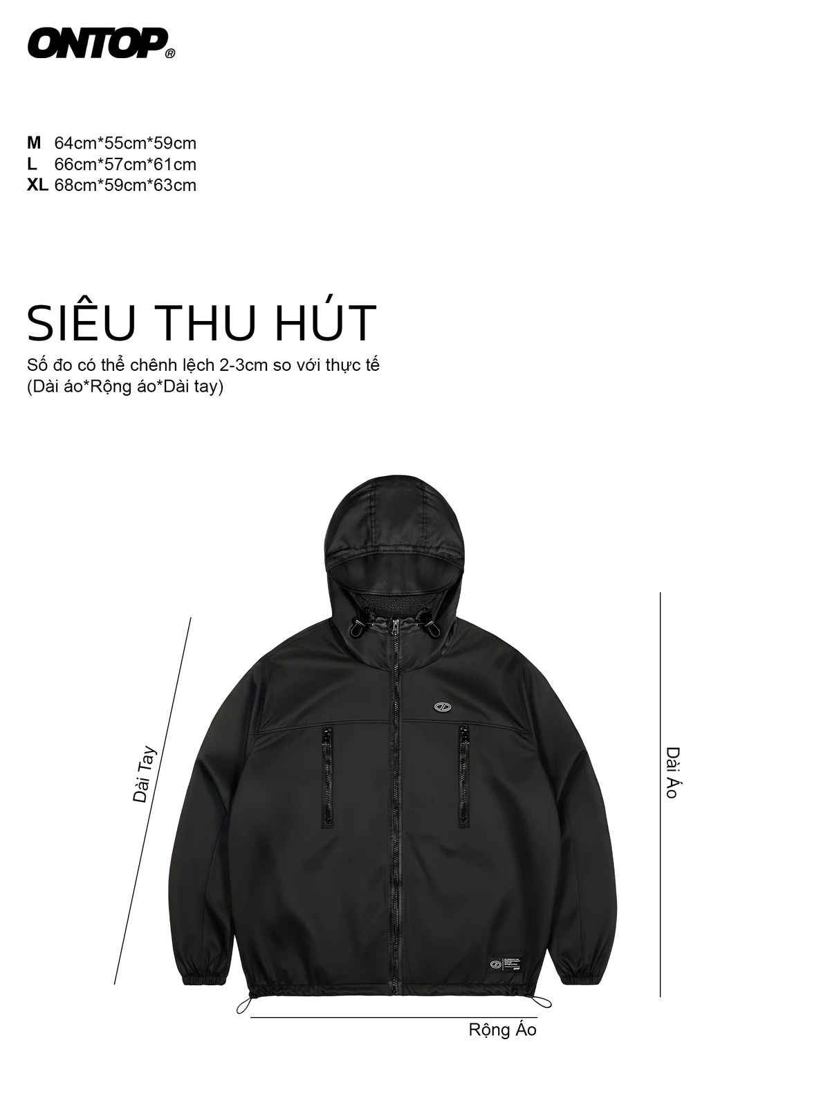 Áo chống nắng vải dù 2 lớp nam nữ ONTOP có mũ màu đen 2 túi ngực dọc nổi bật Nomad Shell Jacket | O-AK8-D