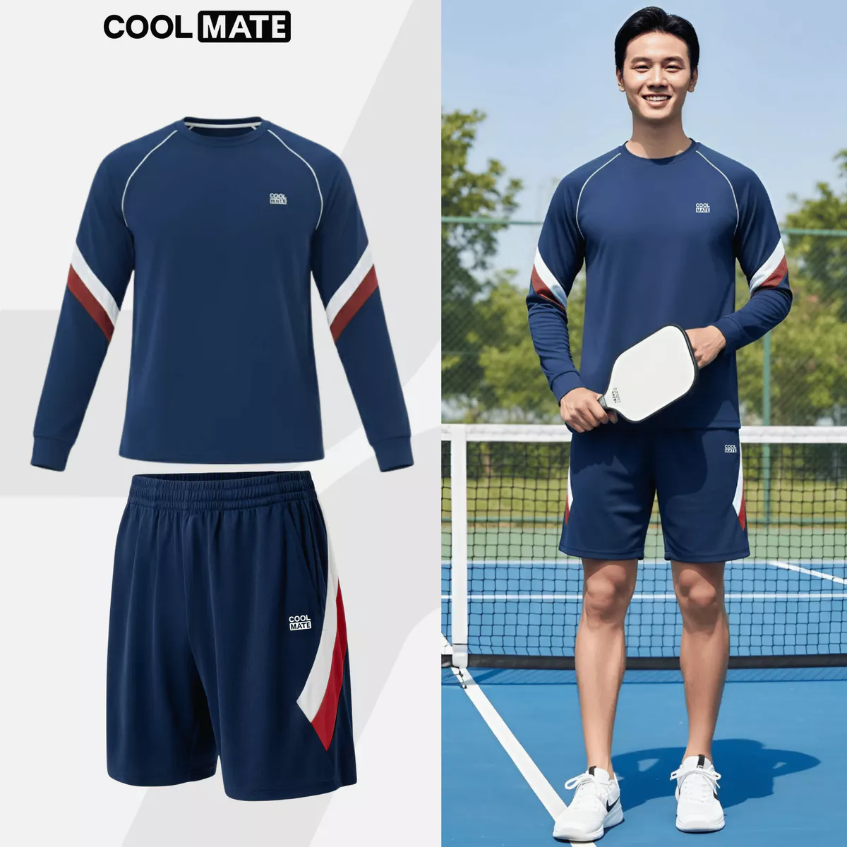 Set bộ thể thao nam Pickleball Promax Flexline Áo dài tay + Quần đùi thấm hút tốt Coolmate