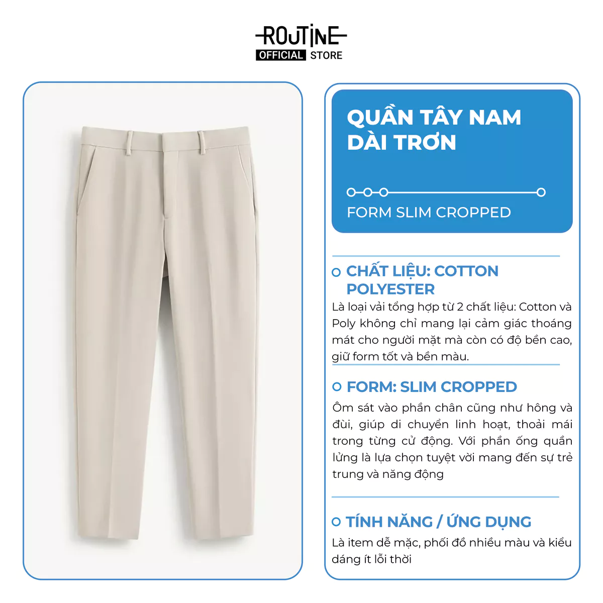 Quần Tây Nam Dài Trơn Form Slim Cropped - Routine 10S25PFO004