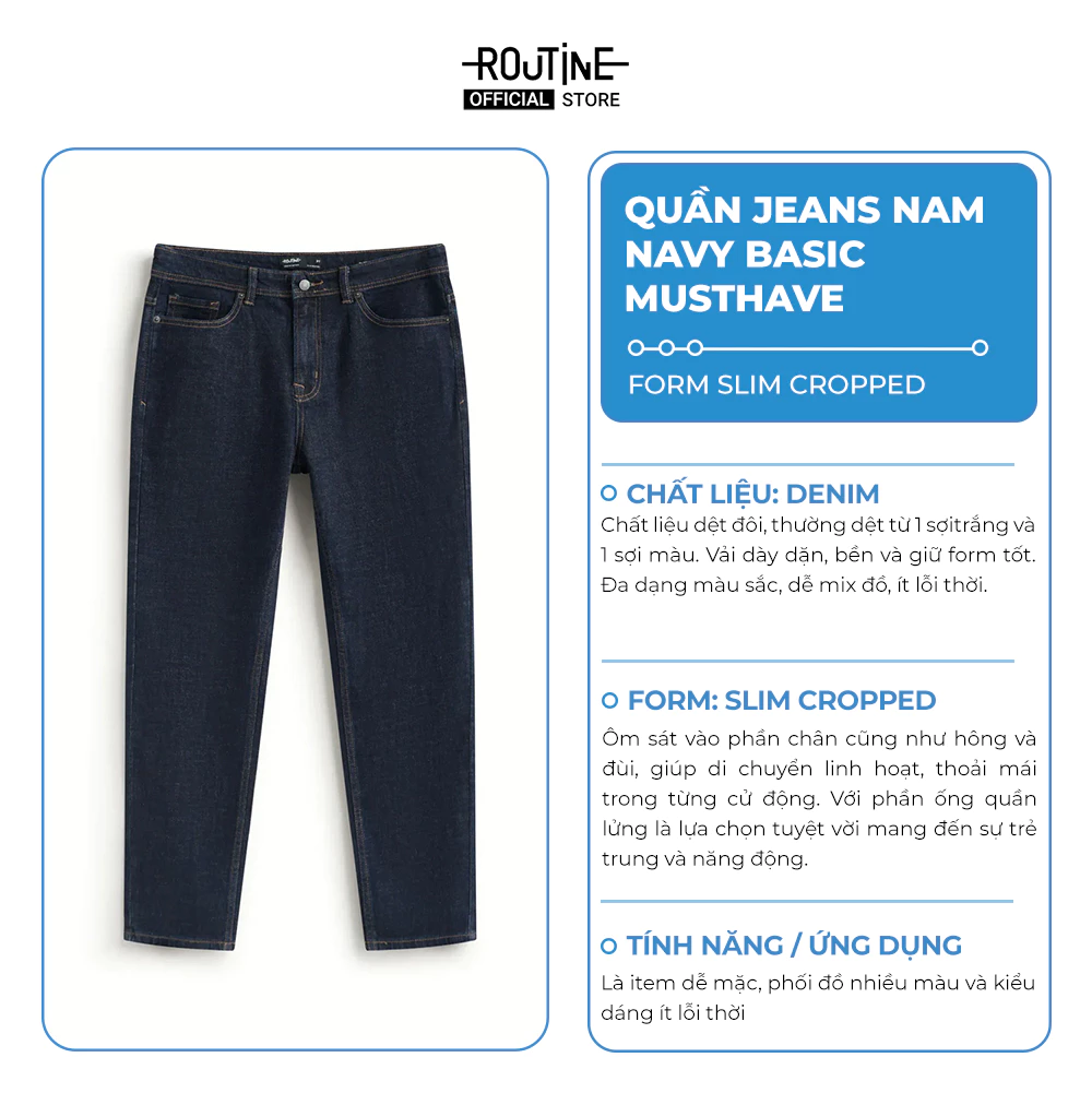 [20.9 TẶNG QUẦN] Quần Jeans Nam Trơn Xanh Navy Form Slim Cropped - Routine 10S25DPA105C