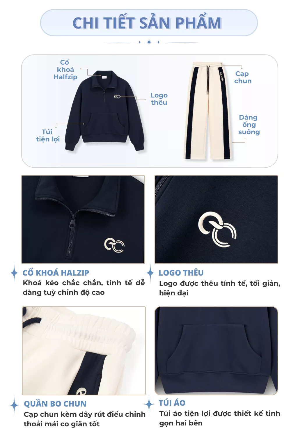 Set Bộ Nỉ Mịn ECOCHIC Khoá Halfzip Cổ Cao Logo Ngực Quần Suông Phối Line Chất Liệu Cao Cấp B197