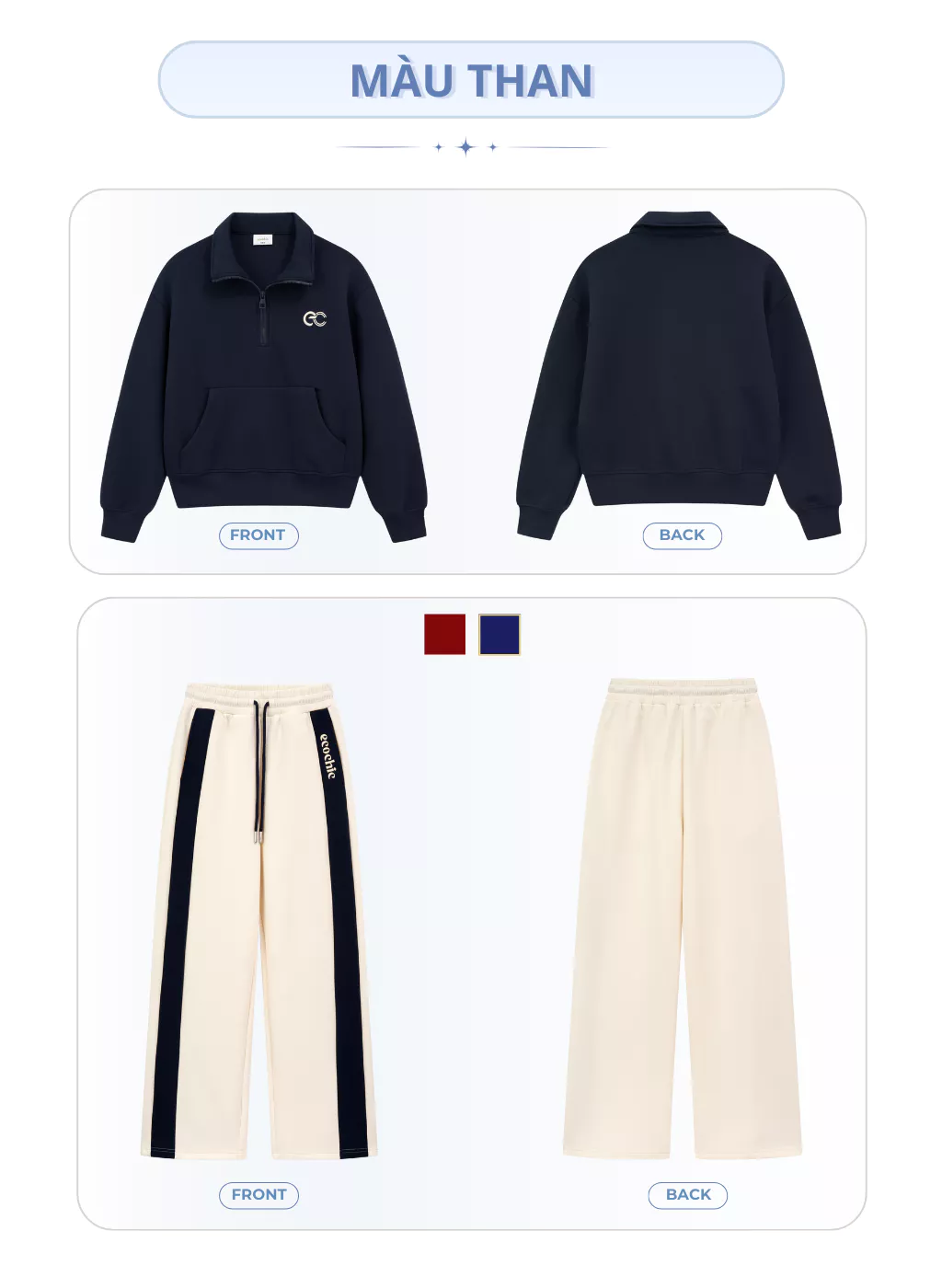 Set Bộ Nỉ Mịn ECOCHIC Khoá Halfzip Cổ Cao Logo Ngực Quần Suông Phối Line Chất Liệu Cao Cấp B197