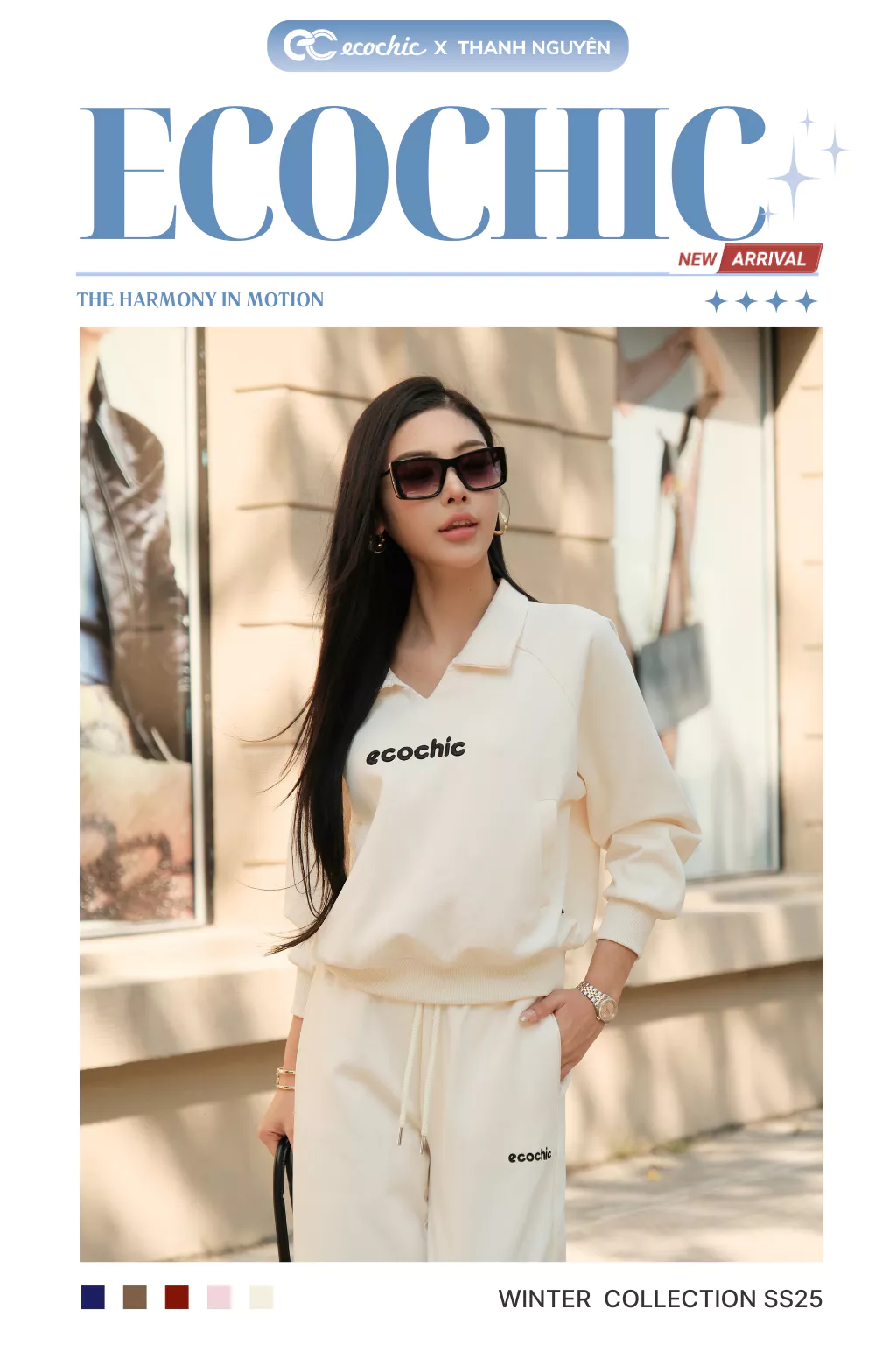 Set Bộ Nỉ Mịn ECOCHIC REFINED EASE Áo Cổ V Polo Ngực Túi Đựng Quần Suông Cao Cấp Chính Hãng HNH B207