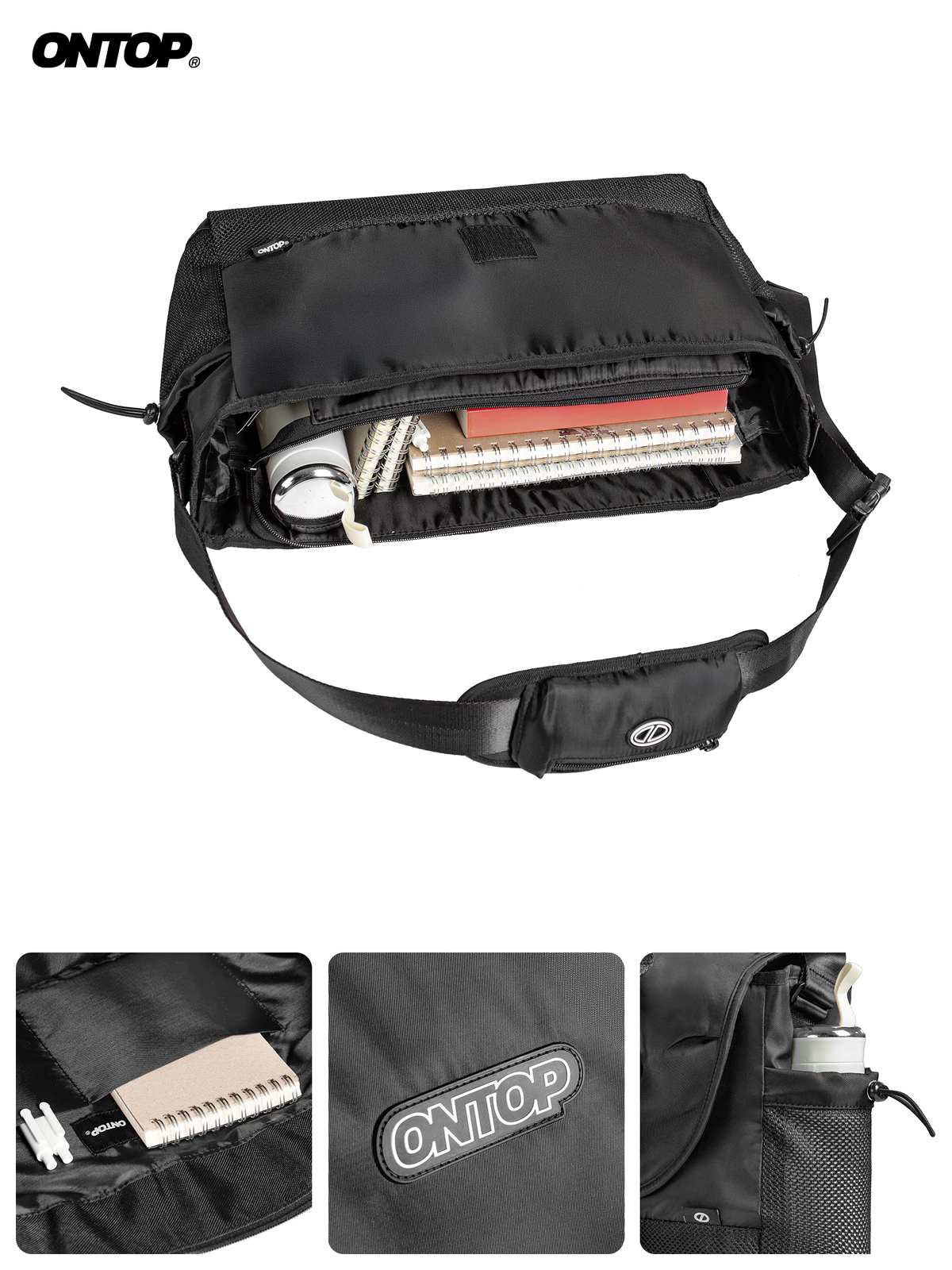 Túi đeo chéo nam to rộng nhiều ngăn ONTOP vải dù phối lưới màu đen đi học đi du lịch Expedition Messenger Bag | O-B77