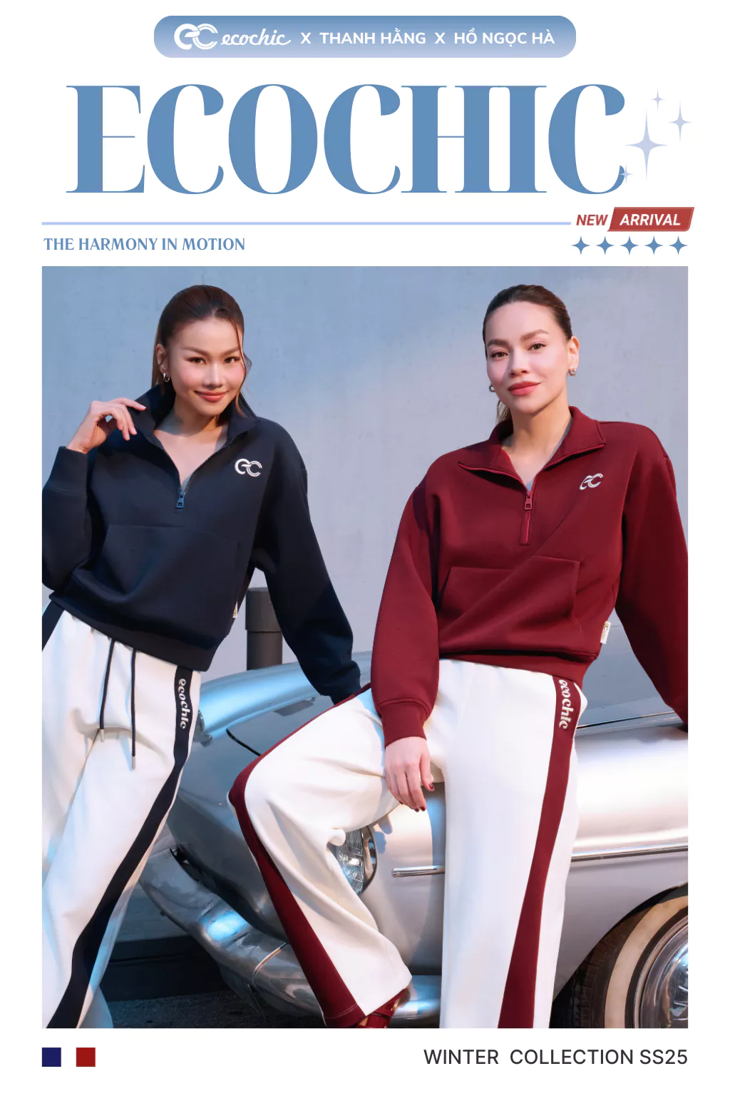 Set Bộ Nỉ Mịn ECOCHIC Khoá Halfzip Cổ Cao Logo Ngực Quần Suông Phối Line Chất Liệu Cao Cấp B197